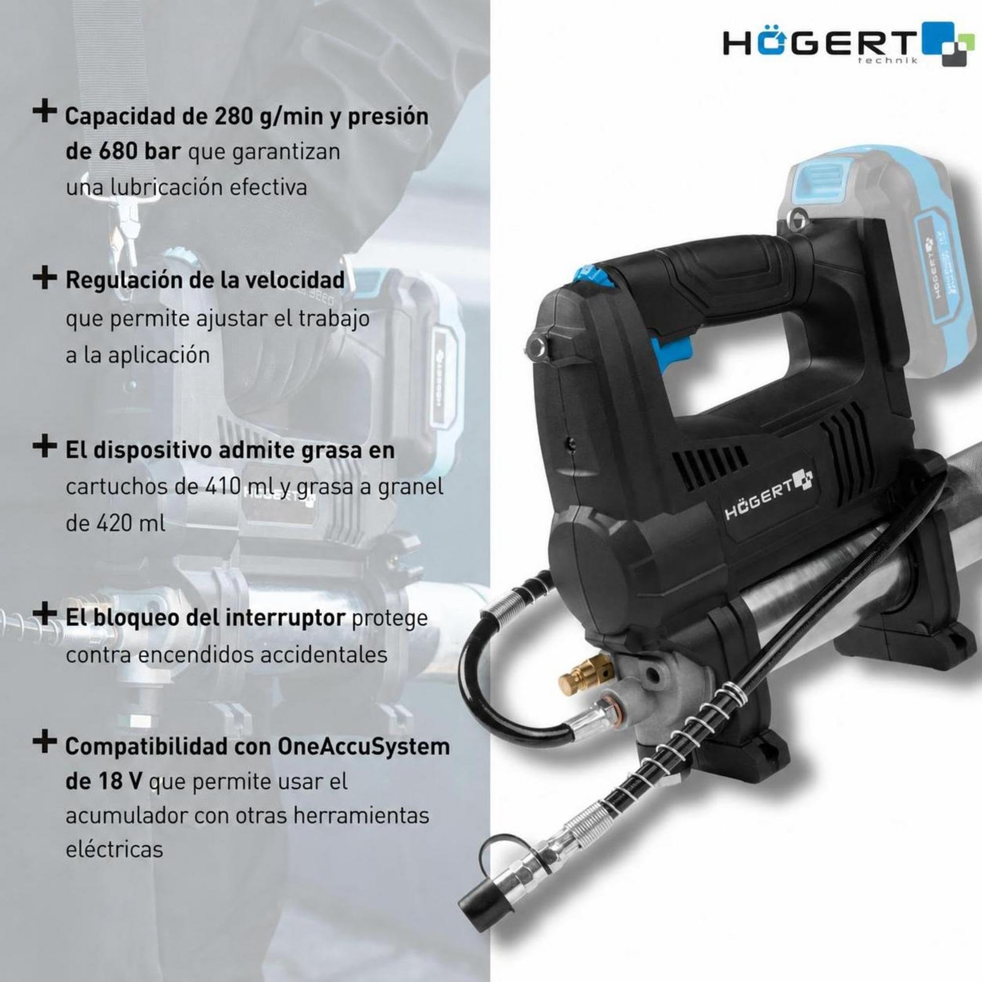 Högert Technik Engrasadora a Batería 18V OneAccuSystem, 680 Bar, 280 g/min, Pistola de engrase con LED, válvula de Purga de Aire, Correa para Hombro, para Taller, Set mit Akku 4Ah + Ladegerät 4A