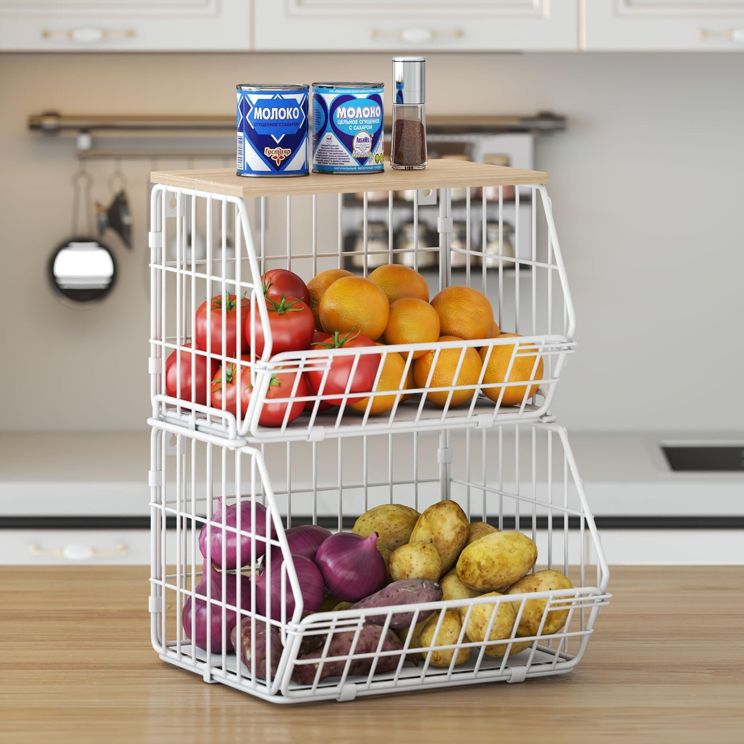 Wetheny 2 Tier Stackable Wall Mounted Wire Basket Fruit Basket with ...