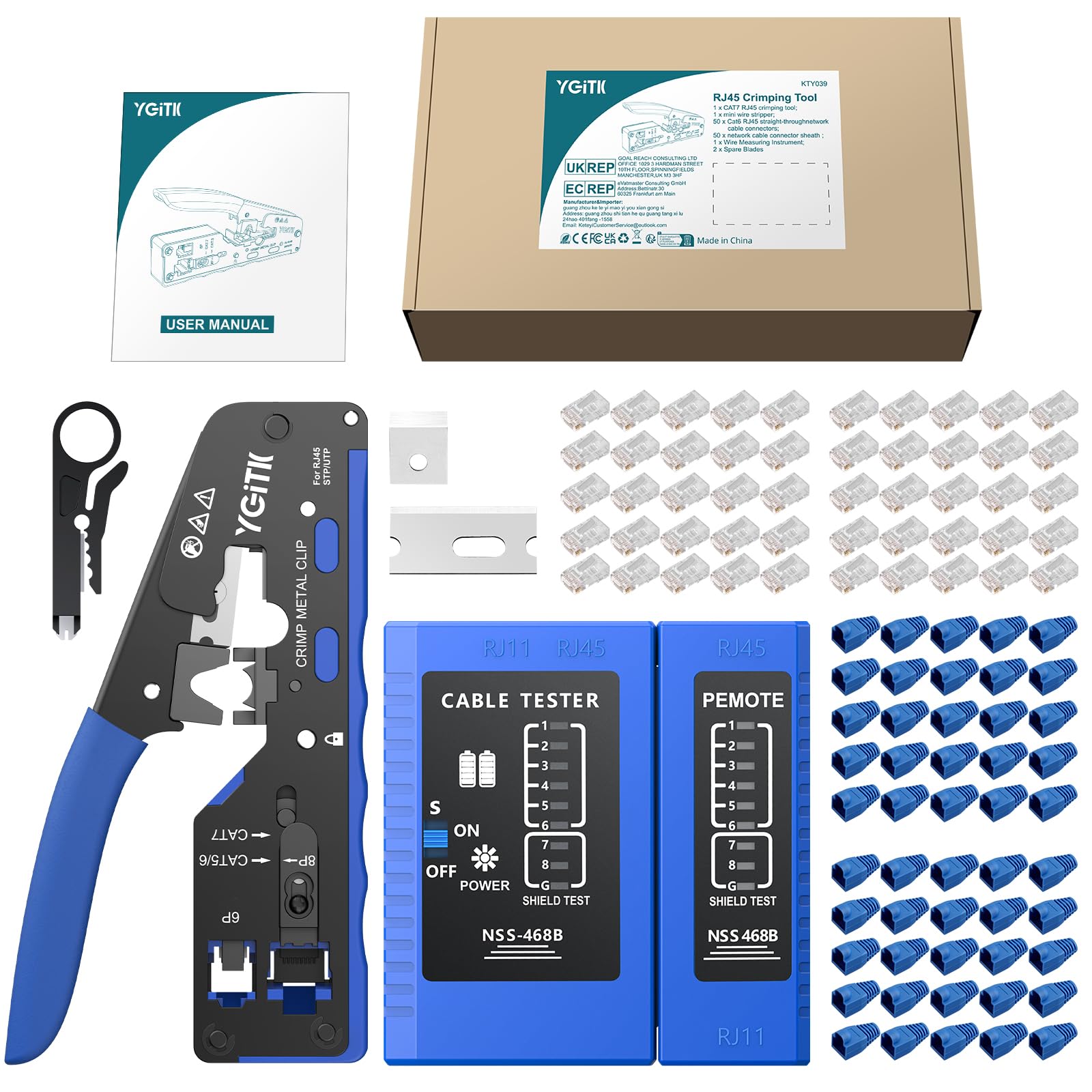 RJ45 Pince à Sertir Kit d'Outils de Sertissage RJ45 Réseau avec 50Pcs Connecteur RJ45 pour Câble Droit CAT6 et Nid de Sertissage 8P pour Connecteur Réseau CAT5/CAT5E/CAT6/CAT6A/CAT7/CAT7A
