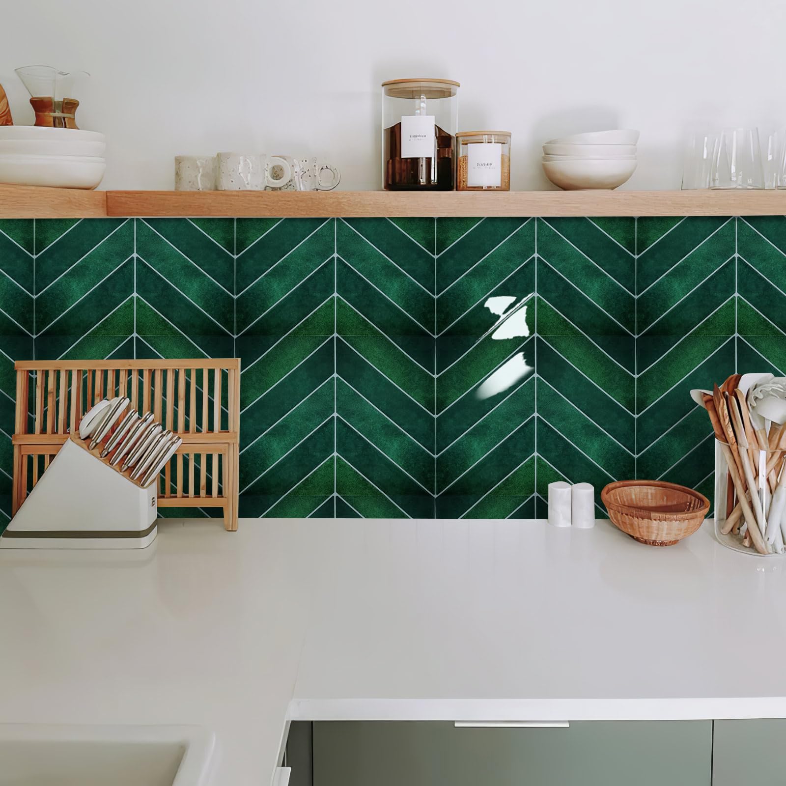 Alwayspon 10 Sheet 11.43''x 9inch Dark Green Herringbone 3D Vinyl Wall Tile Sticker Transfers, Peel and Stick Self-Adhesive Waterproof Splashback Stick on Tile Decals for Kitchen Bathroom Wall