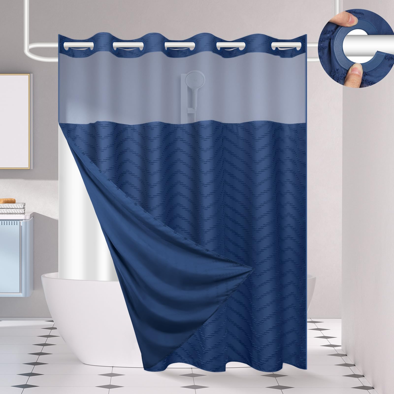 FADOTY No Hook Shower Curtain and Snap in Liner Set Navy Blue Tufted Chevron Striped Cloth Waterproof Washable Fabric Boho Bath Curtain with See