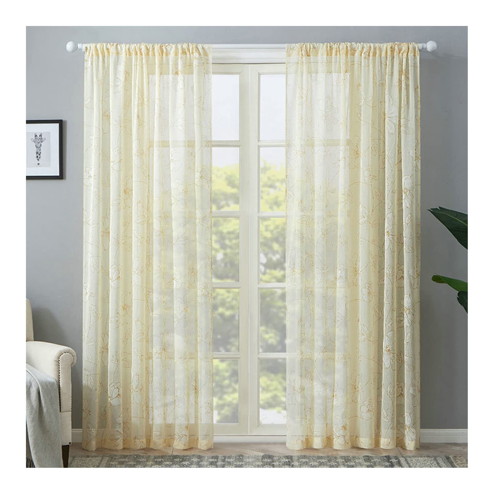 Cortinas beige de algodón y lino para habitación infantil, juego de 2 piezas semitransparentes