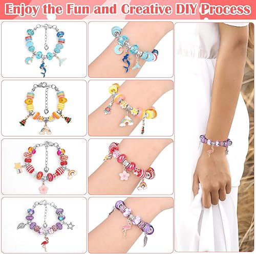 Miniatura 5 de Lezmarket Kit de 208 piezas para hacer pulseras con dijes para niñas, juego de regalo de manualidades de sirena de unicornio, kit de joyería para