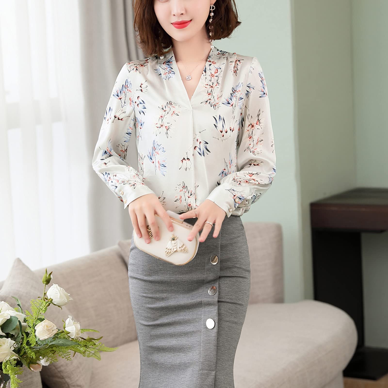 Valin Blusa de seda para mujer con estampado de puente, blusa de manga larga con cuello en V, blusa de seda,S1922