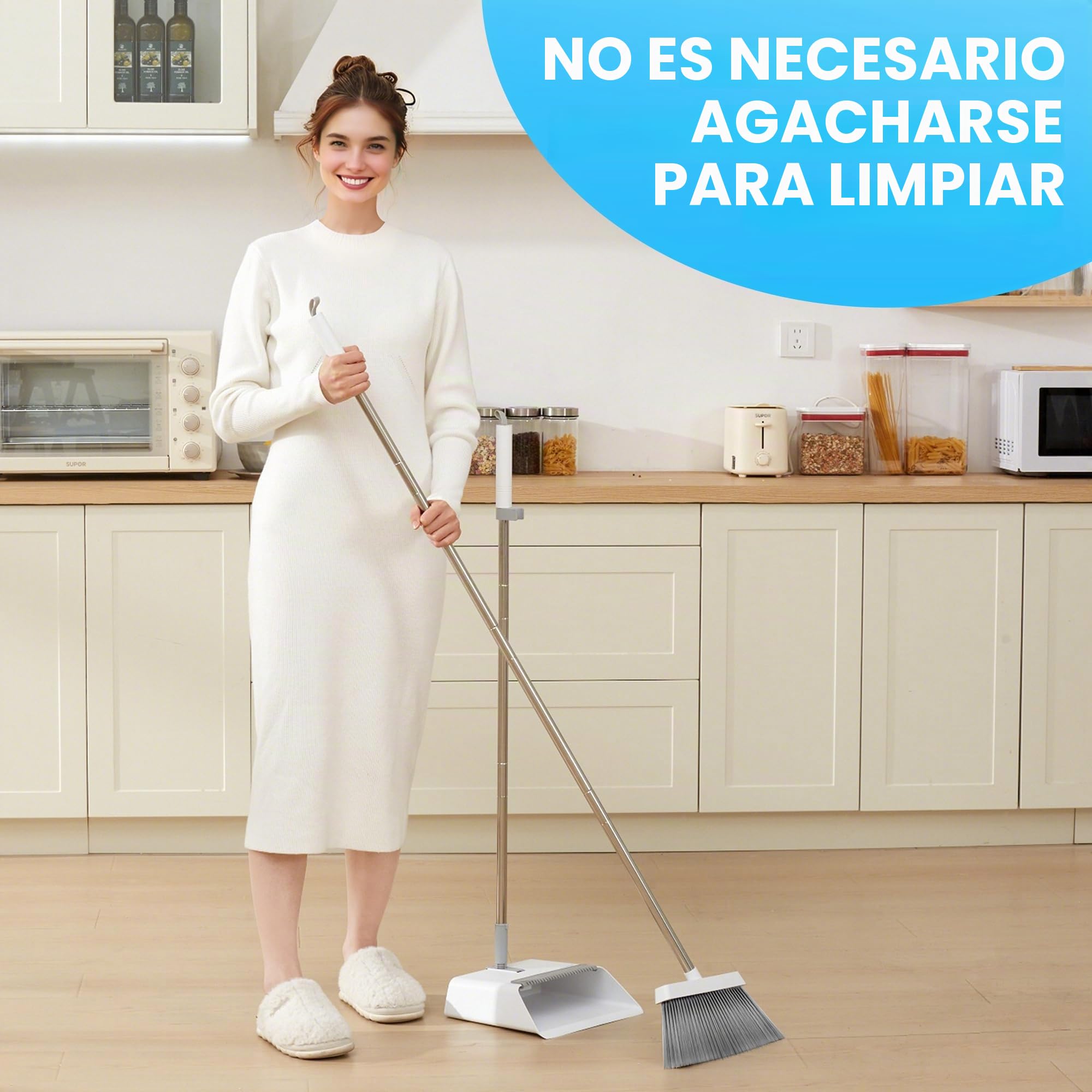 JOYMOOP Set Escoba y recogedor, recogedor y Cepillo con Mango Largo, Escoba sin Necesidad de agacharse para Uso Interior y Exterior, Blanco y Gris