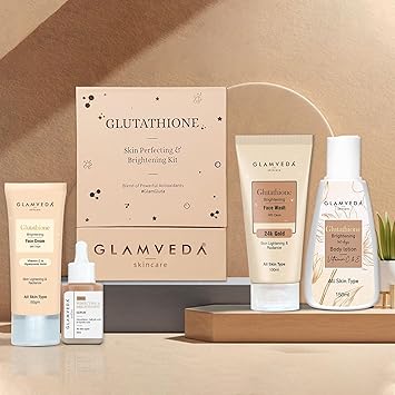 Glamveda Glutathione Skin Perfecting Brightening & Dark Spots Removal 4 Steps Skincare Routine ( Face Wash + Cream + Face Serum + Body Lotion ) - image, photos