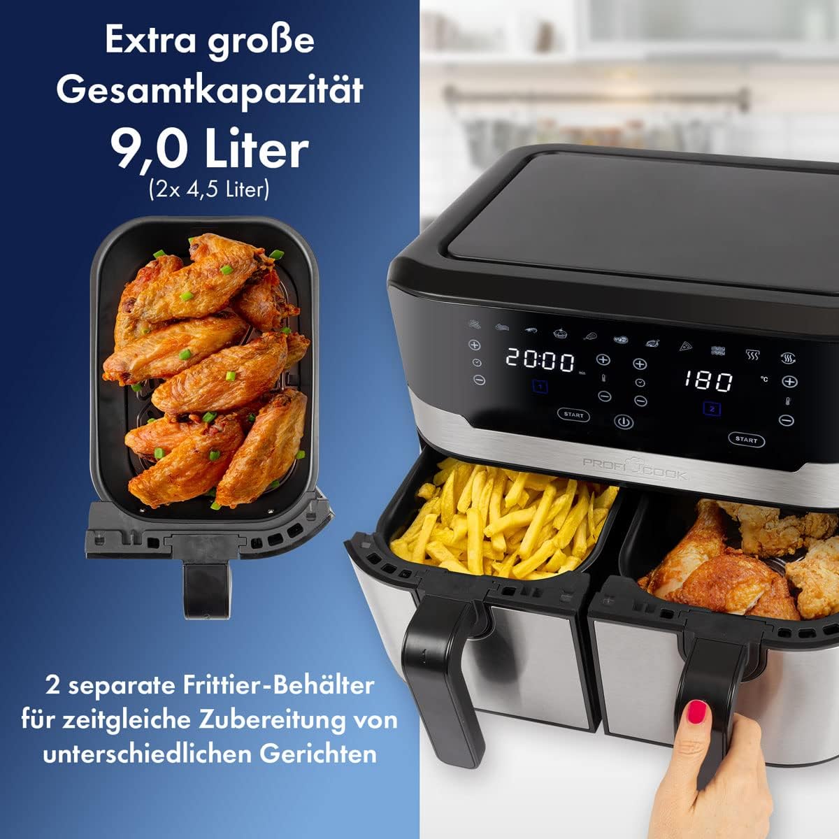 Profi Cook, PC-FR1242, Doppia friggitrice ad Aria Calda con Schermo Touch, 2 Zone di Cottura indipendenti, capacità: 2 x 4,5 Litri = 9,0 Litri, 9 programmi Automatici, Acciaio Inossidabile