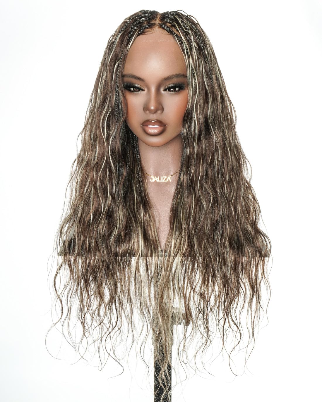JALIZA Michelle 26in Boho Box Braided Wigs - Champagne Swirl Blonde Blend #4/613 Full HD Lace, Human Hair Curls with Synthetic Braids (Extra large cap 23.5",26"