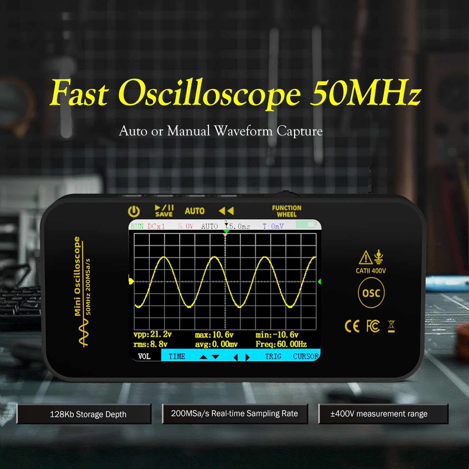 BSIDE OT5 Handheld Digital Oszilloskop Klein Mini 50MHz Bandbreite 200MSa/s Abtastung Tragbares Oszilloskop Wiederaufladbar Ultraflach mit 3.2 Zoll Full View Farb-LCD für KFZ Audio Elektronik