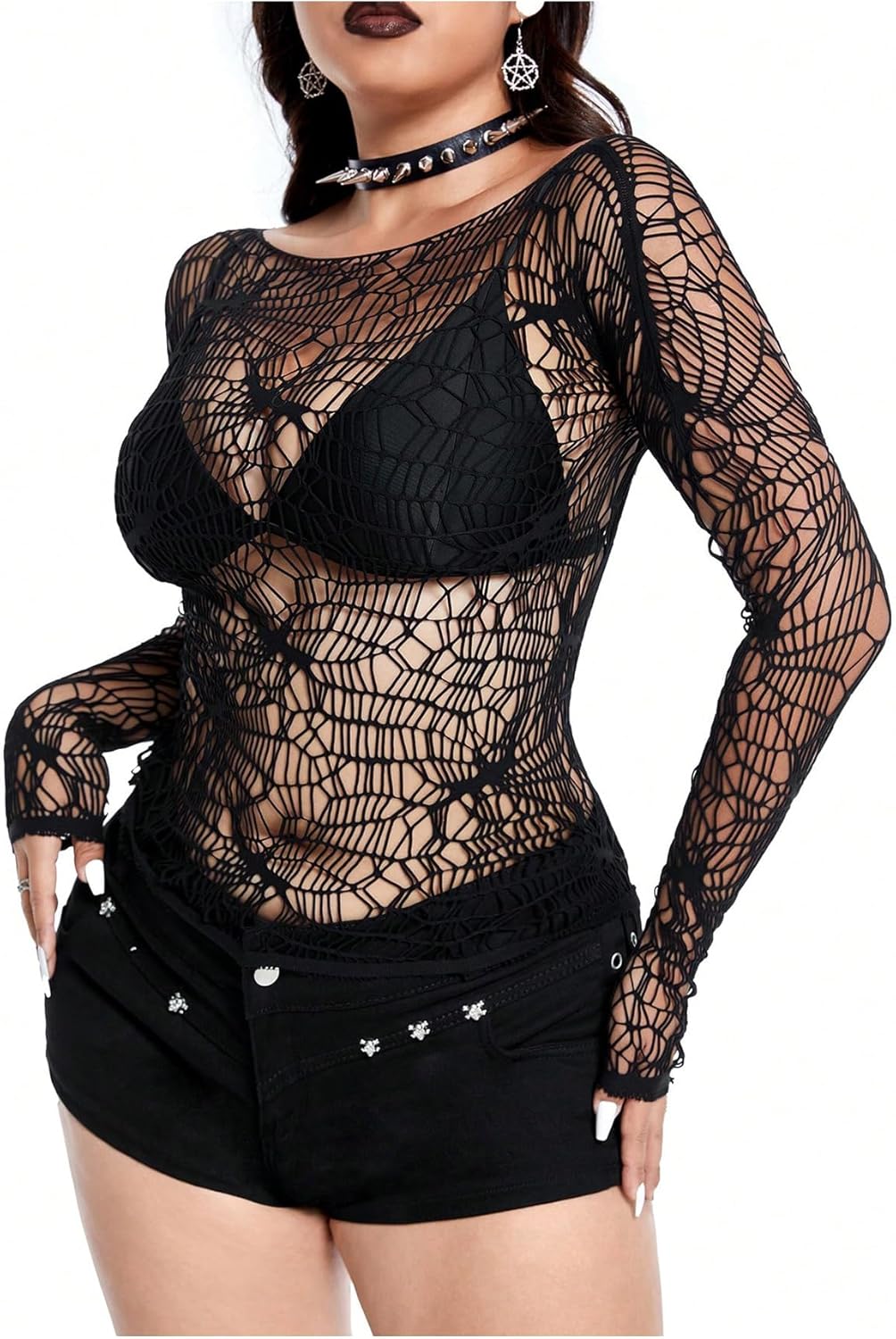 GORGLITTER Women's Long Sleeve Goth Fishnet Top Y2K See Through Sexy Crochet Boat Neck Gothic Rave Party Tees Shirt Top - Image 7