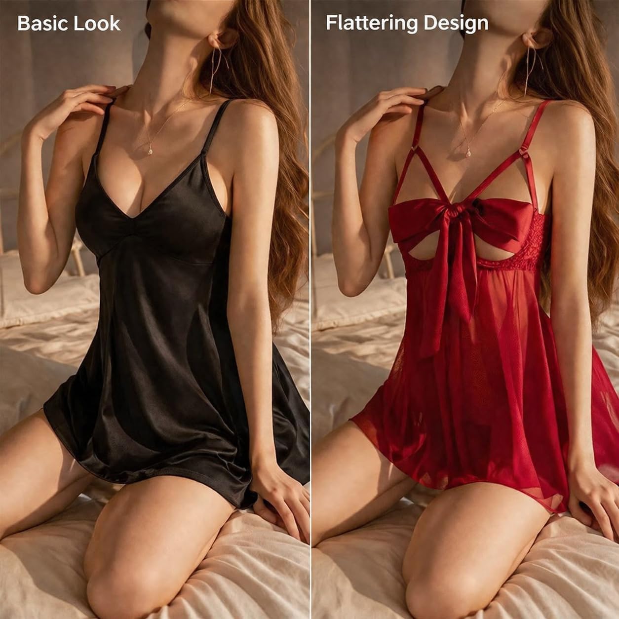 Babydoll Lingerie Set for Women, Sheer Mesh with Lace Trim, Halter Nightgown Sleepwear, Black Fishnet Stockings 2 PCS
