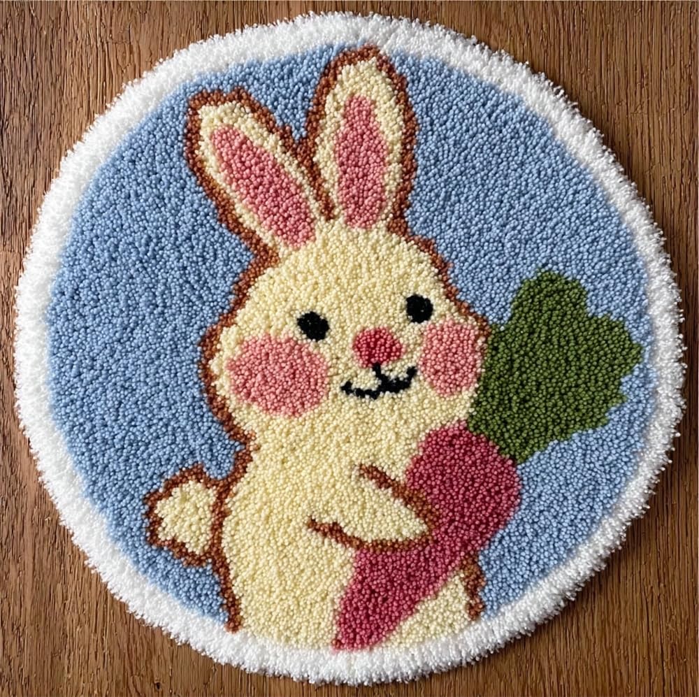 kitphoenix Round DIY Latch Hook Rug Kits Rabbit 20X20Inch (50X50Cm) Easy for Beginners Round Carpet Crochet Yarn Craft Large Rug Hook and Latch Tapestry for Home Decor