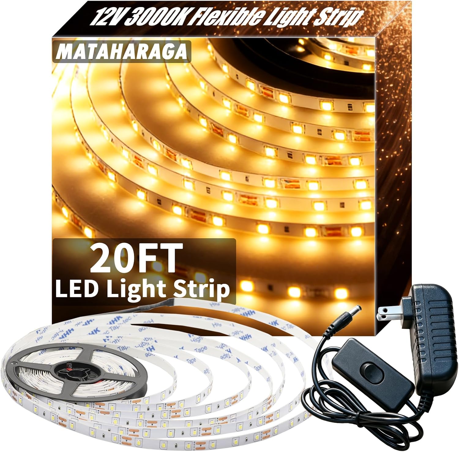 White LED Strip Lights, 20ft Light Strip 3000K Bright warmlight White 360 LEDs Strong Adhesive Flexible Tape Lights for Mirror, Kitchen Cabinet, Bedroom, Christmas Decor
