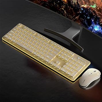 Wireless Keyboard and Mouse Combo, Rechargeable Metal Full Size Mute Keyboard and Ergonomic Mice, 2.4G Ultra-Thin Sleek Design for Windows Computer Desktop PC Laptop Milky with Warm Light