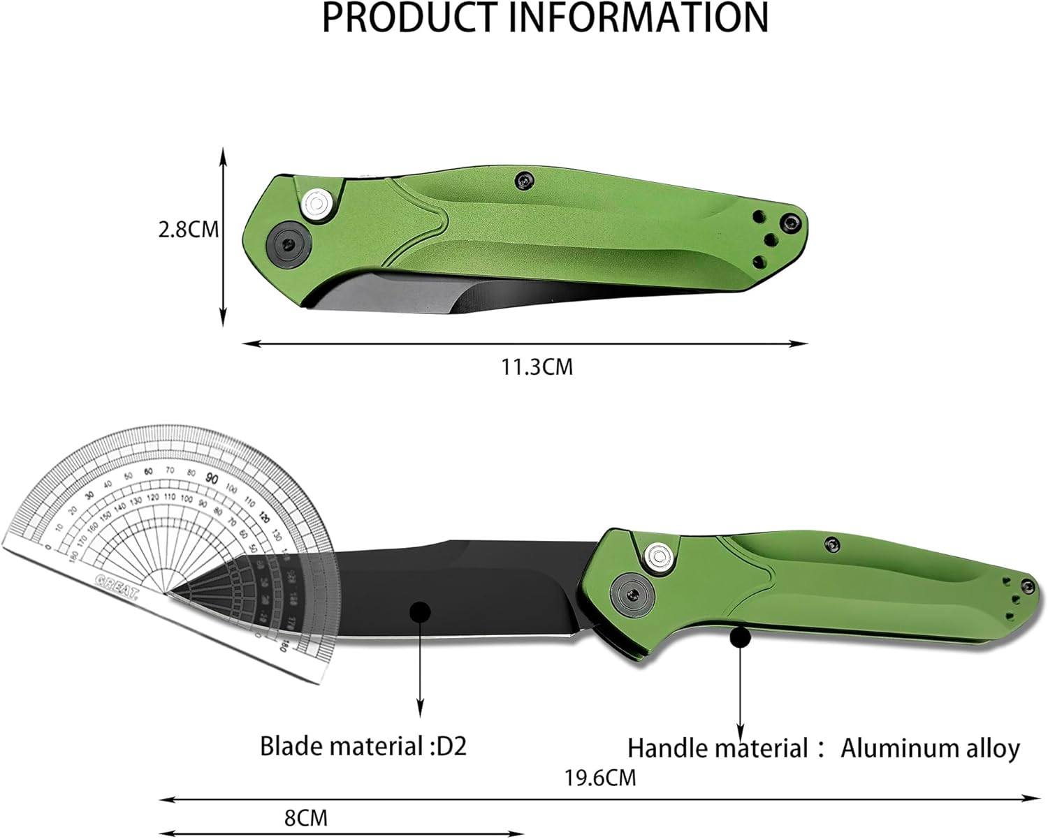 HUAAO 7.7” Manually Button-Lock Pocket Knife, Folding Knife with Reversible Pocket Clip, 3.14” D2 Blade and Green Aluminum Alloy Handles, Outdoor Survival Knife EDC Hunting Tool