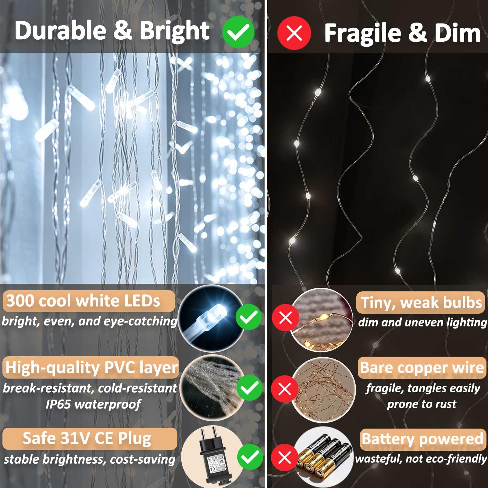 Cozymeow 2 sztuki światełek na zewnątrz wodospad 600 diod LED 6 x 3 m