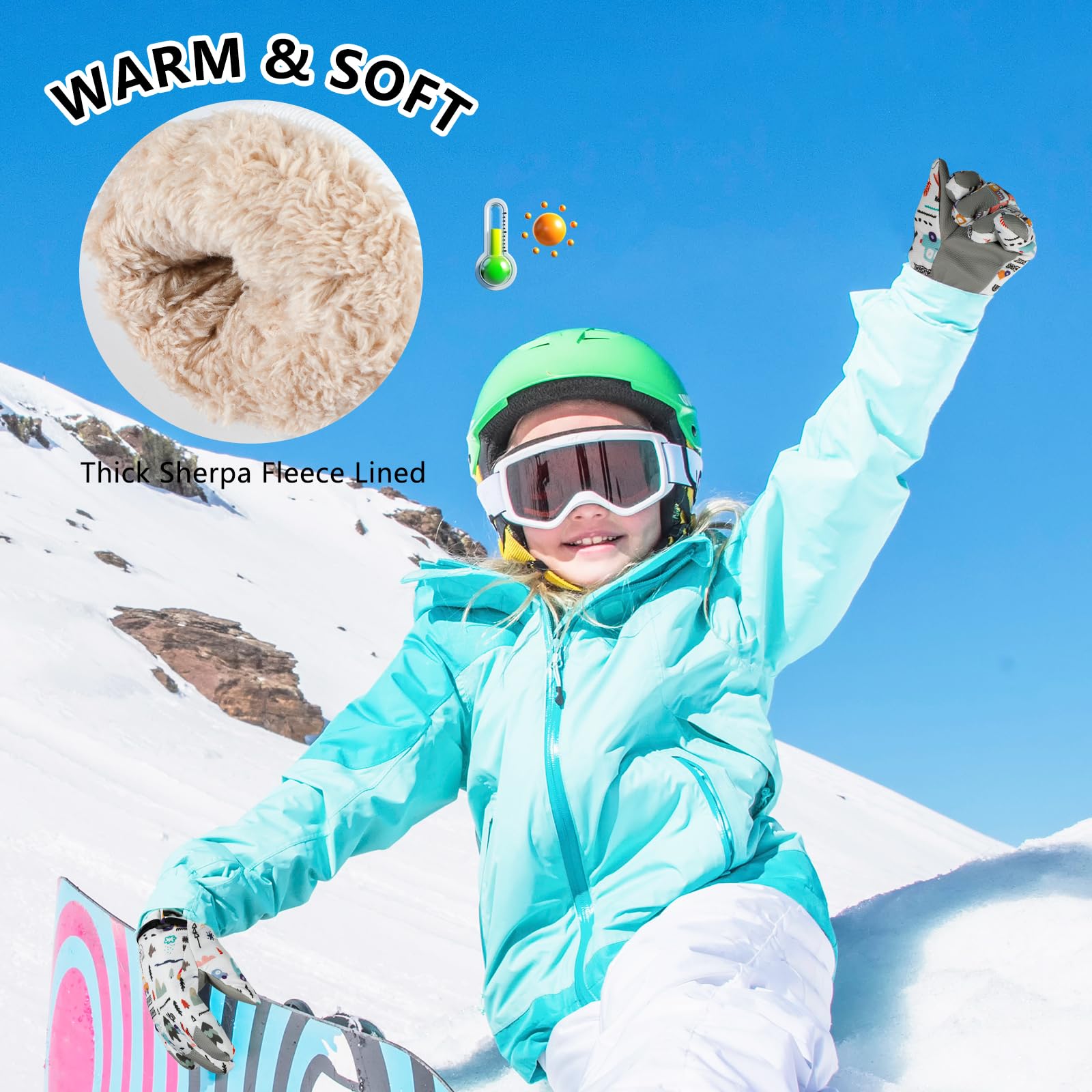 QKURT Guantes de Esquí para Niños, Guantes de Esquí Térmicos de Invierno para Niños, Manoplas a Prueba de Viento para Nieve, Guantes de Trineo para Patinaje en Clima frío para Niños y Niñas