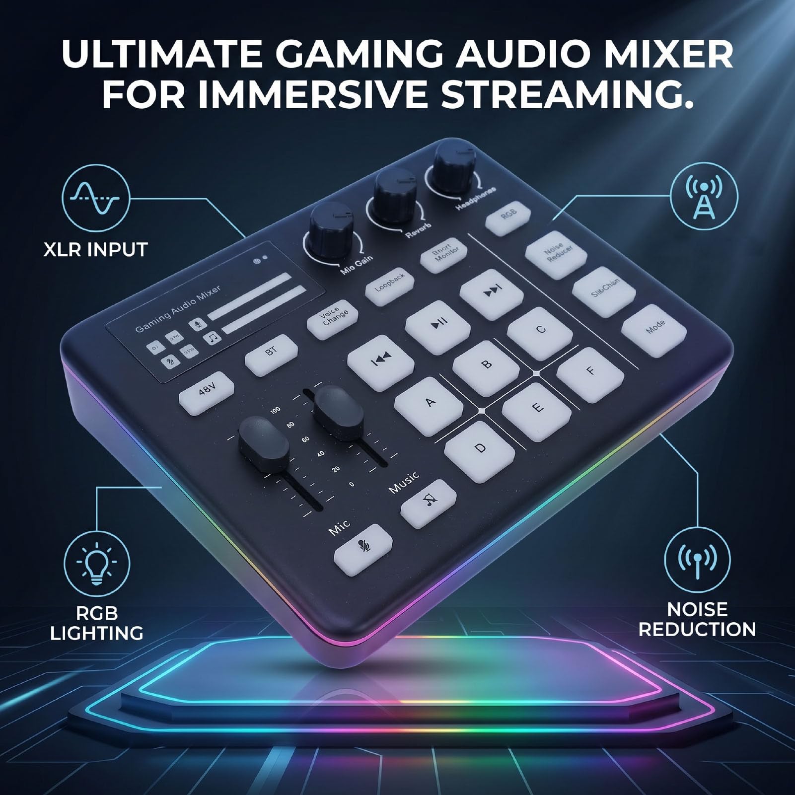Live-Soundkarte, Bluetooth 3,5 Mm AUX-XLR-Eingang (BLACK) | Sound-Mixer-Board, Sprachwechsler, RGB-Licht, Rauschunterdrückung, für Telefon-Laptop-Podcast-Gaming
