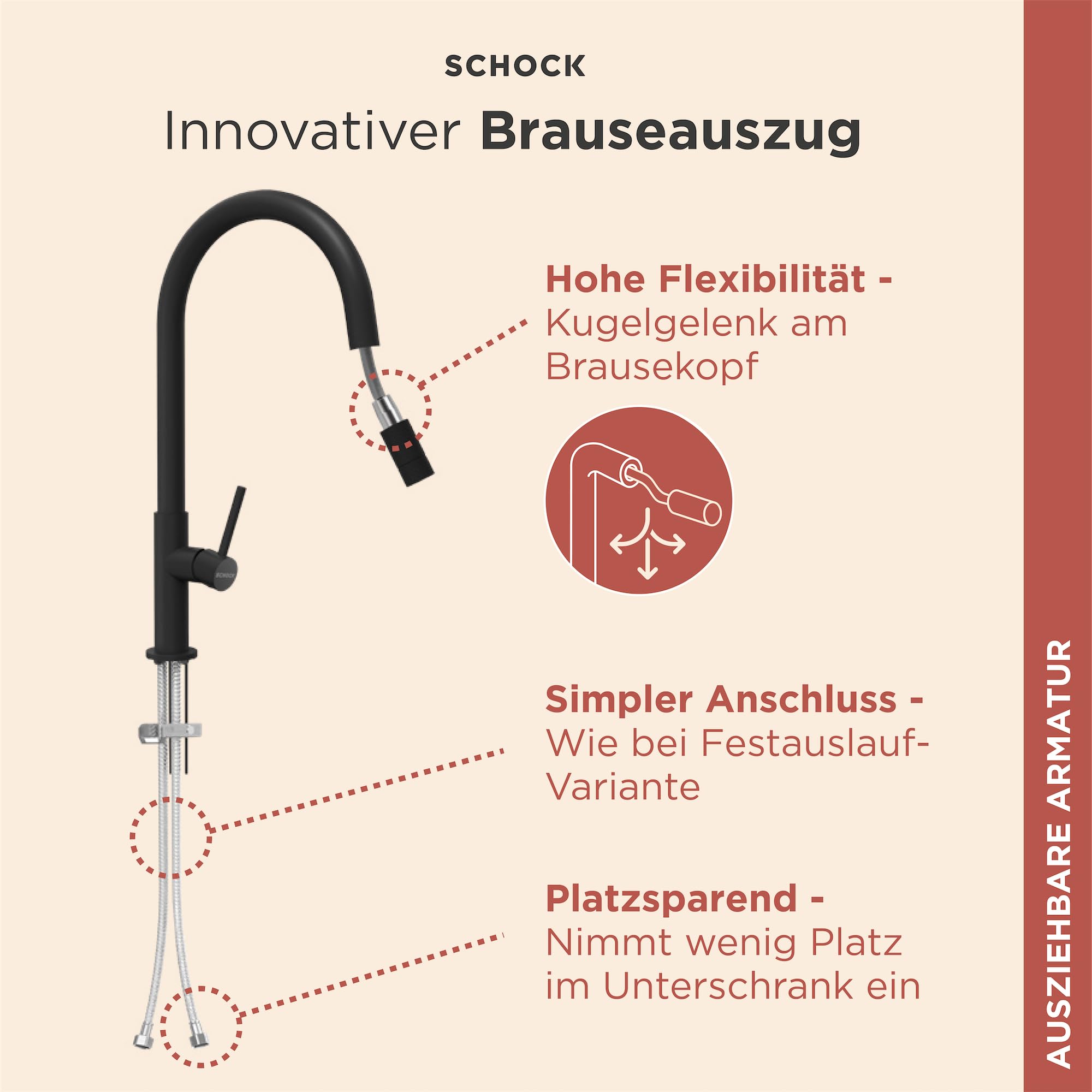 SCHOCK Wasserhahn Küche Talia Edelstahl | Küchenarmatur mit herausziehbarer Brause für Spülbecken und Waschbecken | Hochdruck Armatur Küche passend für Einbauspüle und Küchenspüle mit Mischbatterie
