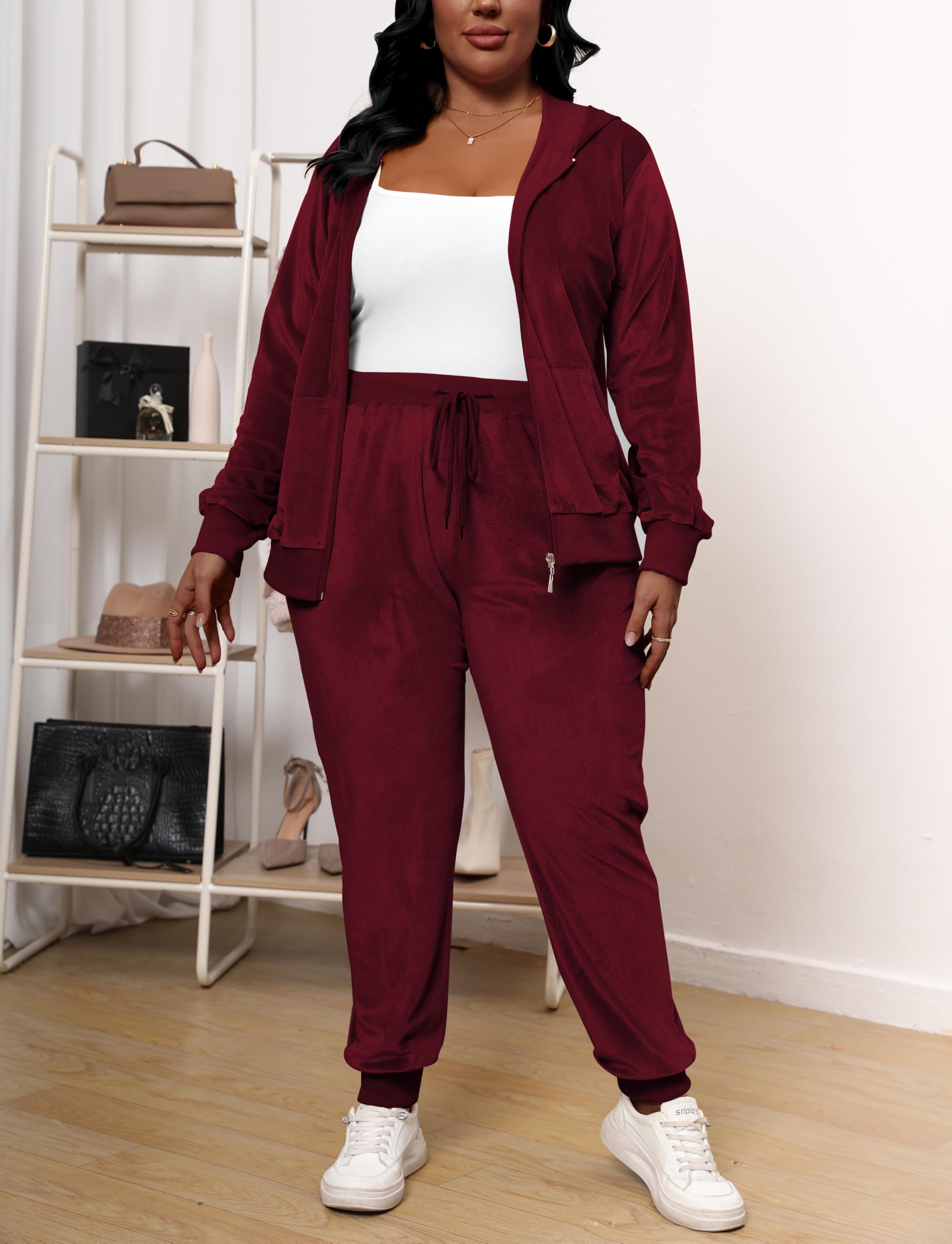Tycorwd Conjunto deportivo de dos piezas de terciopelo para mujer, talla grande, conjunto de chándal de manga larga, Rojo vino, XXL Más