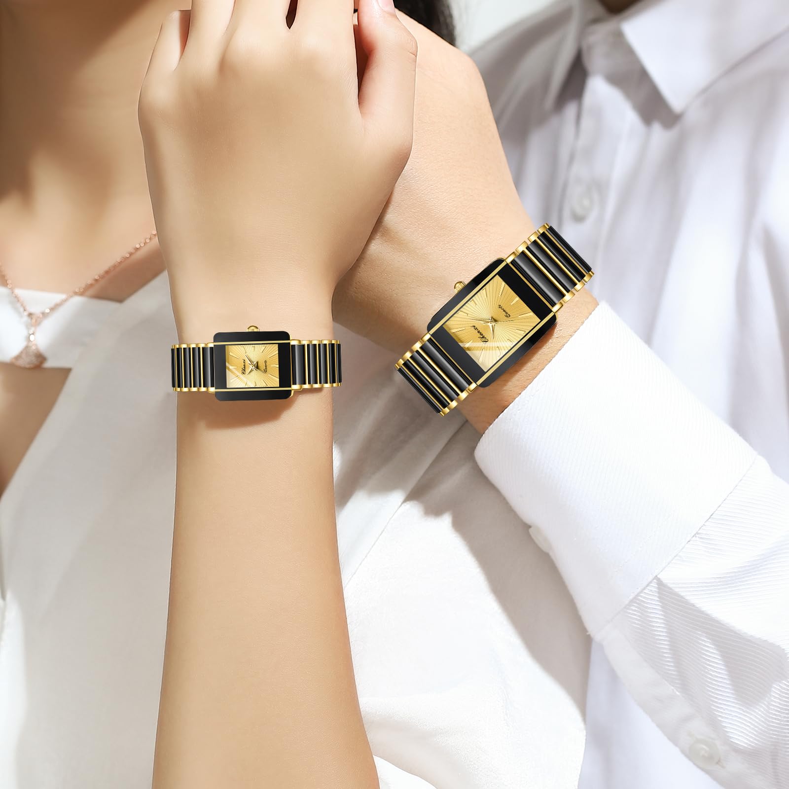Gosasa Relojes vintage para parejas para hombres y mujeres a juego, pulsera cuadrada de cerámica de cuarzo para él y para ella, par de relojes rectangulares de vestir negro y dorado, resistentes al