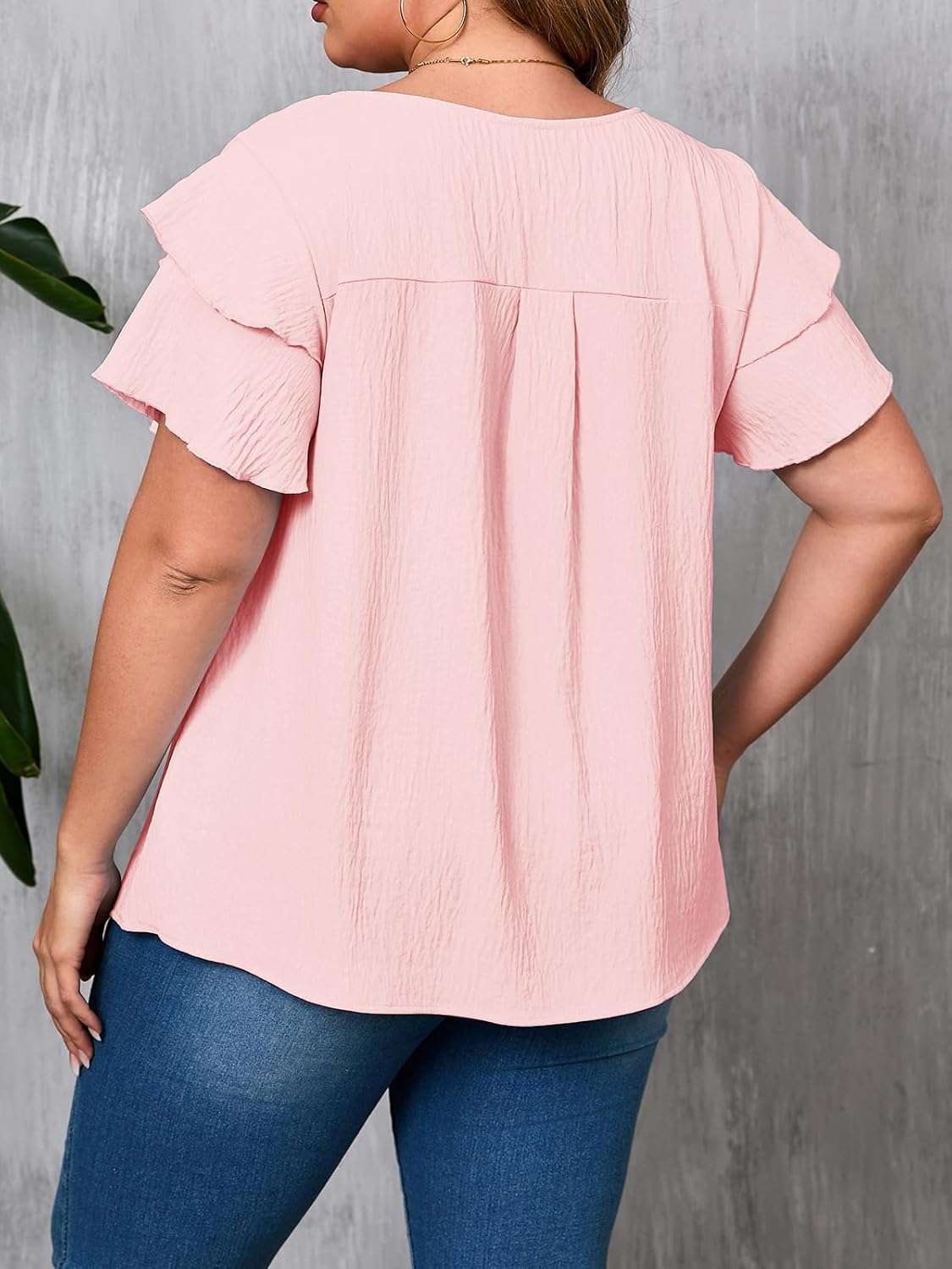 Beautife Womens Plus Size Flutter Sleeve Blouse Summer Crew Neck Pleated Tshirts Dressy Casual Loose Fit Tunic Tops