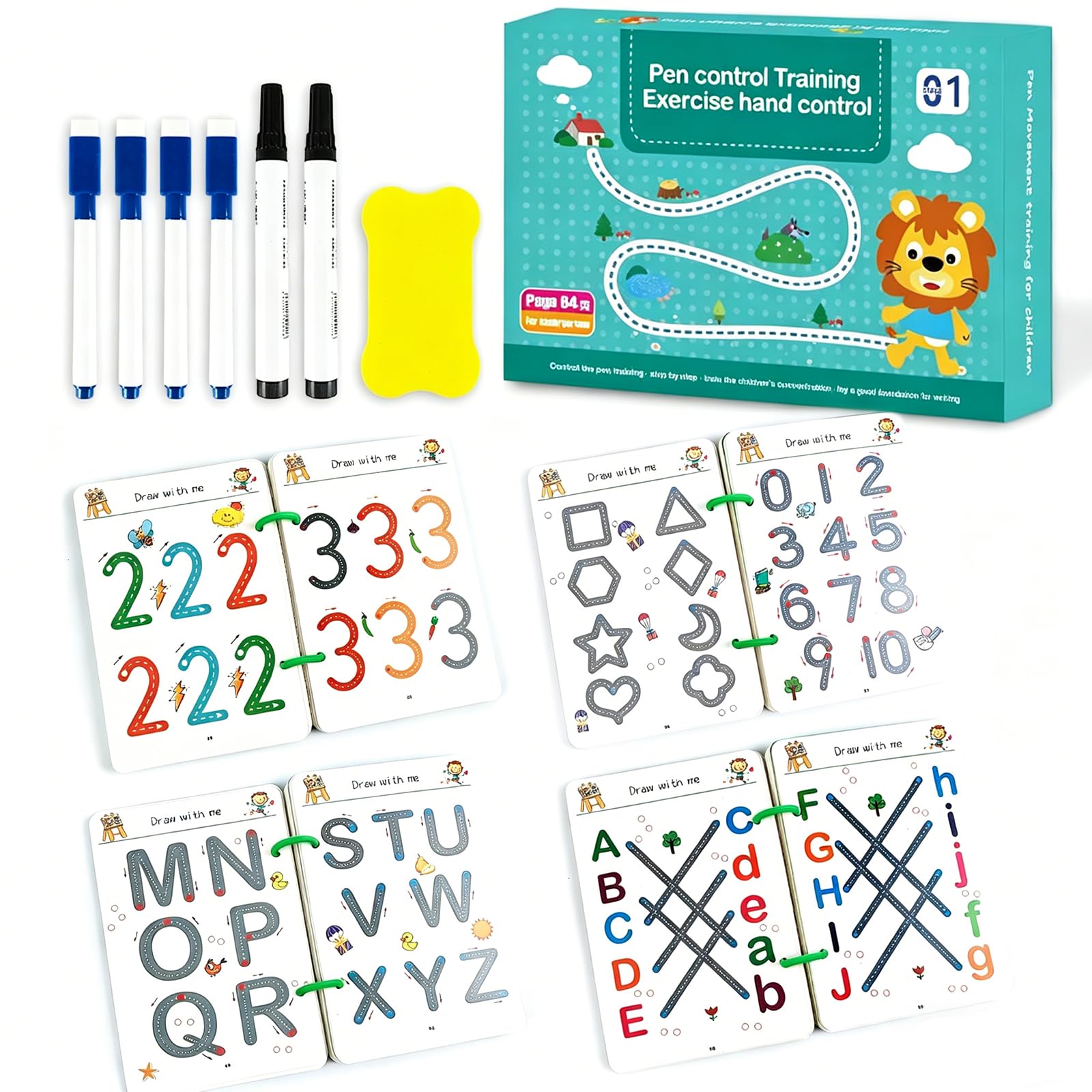 64 páginas Cuaderno Aprender a Escribir Números, Dibujo, Matemáticas y Letras, Libros de Trazado Reutilizables para Niños de 3 4 5 6 Años, Libros de Actividades Preescolares, Libro Vacaciones
