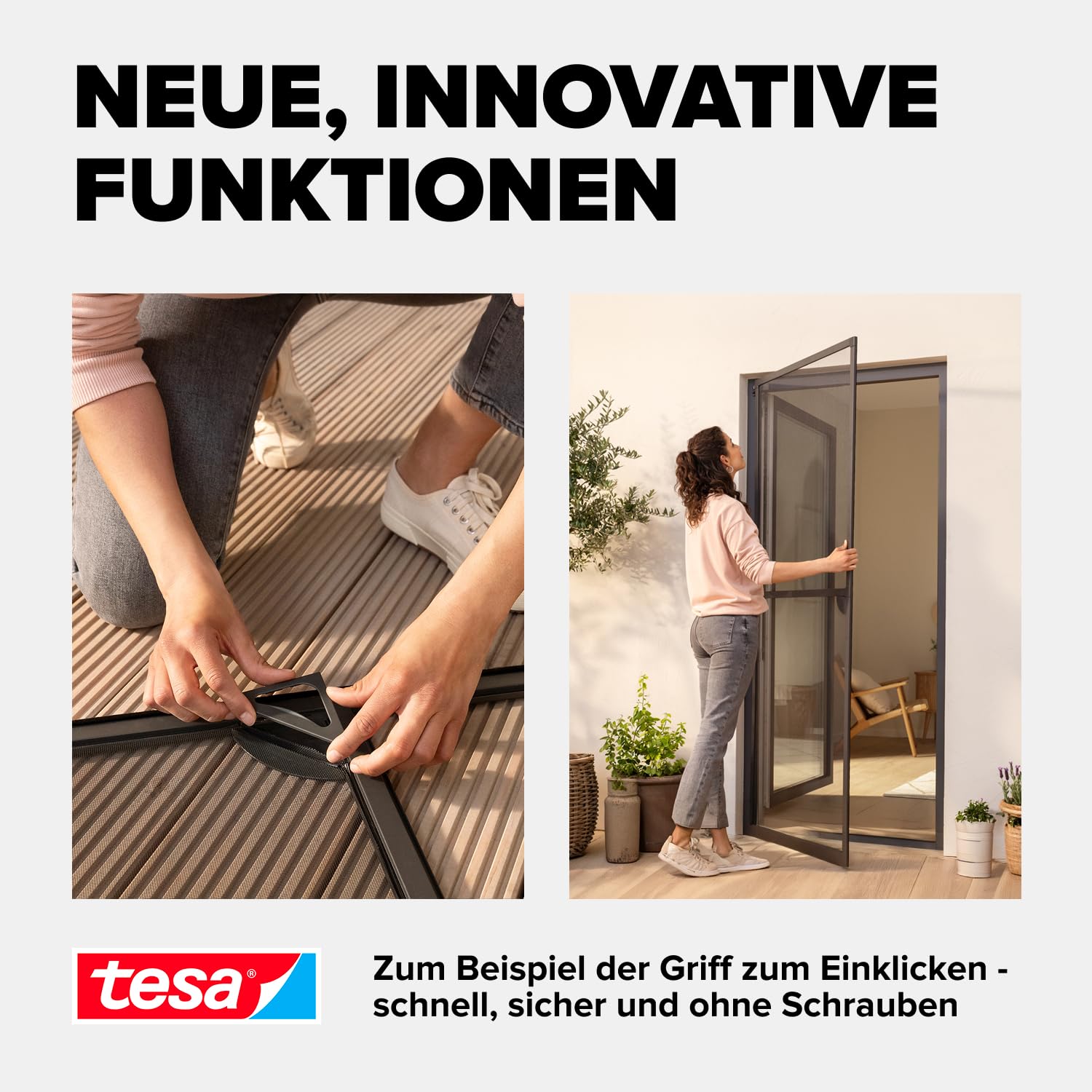 tesa INSECT STOP Aluminium-Rahmen Fliegengitter Tür 120 x 240 cm Weiß | Langlebiges Fliegengitter mit Clear-View-Gewebe, Aluminium-Rahmen, Selbstschließfunktion und 30 % schnellerem Aufbau