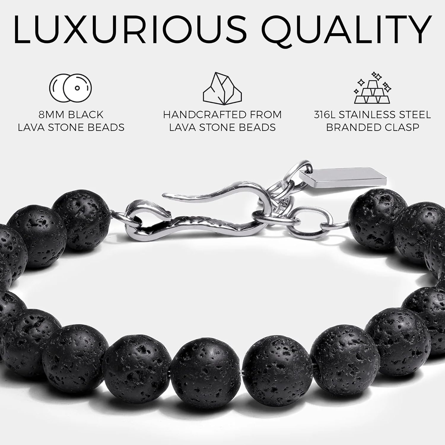 Elegatto Premium Loa Stone Beaded Bracelet for Men | Natural Lava Stone Beads with Silver Polished Stainless Steel Accents | Men’s Designer Bracelets - Image 3