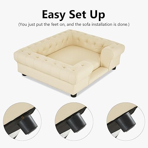 Miniatura 6 de MCombo Sofá de piel sintética para perros, cama para mascotas para perros medianos, sofá para mascotas con escaleras pequeñas, 6321 (blanco crema)