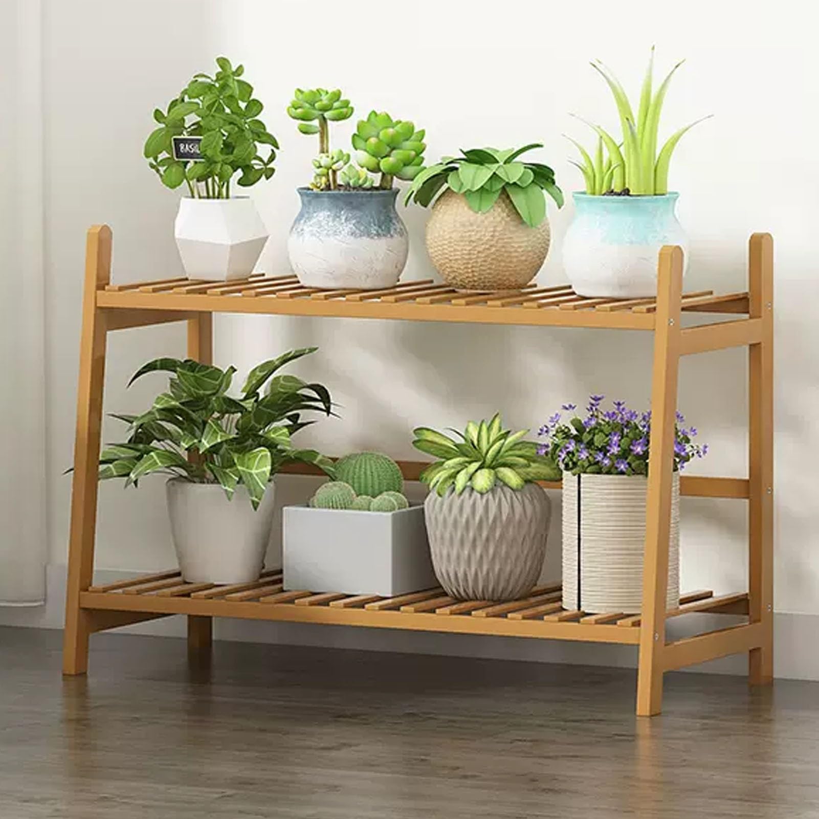 Étagère à plantes en bambou à 2 niveaux 50 cm pour fleurs et balcon