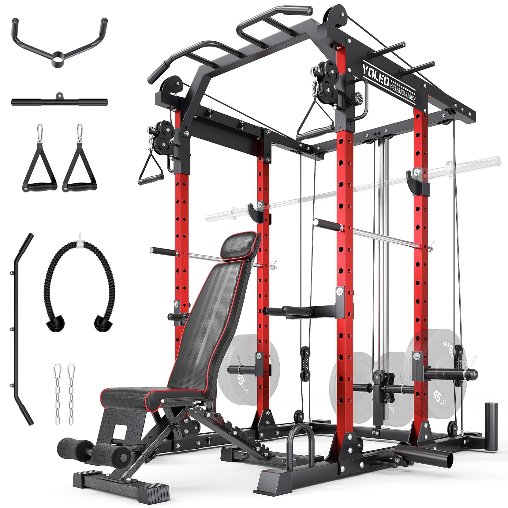 YOLEO Smooth Pulley System Power Cage, Adjustable Cable Crossover Power Rack, Multi-Functional Cable Machine for Home Gym