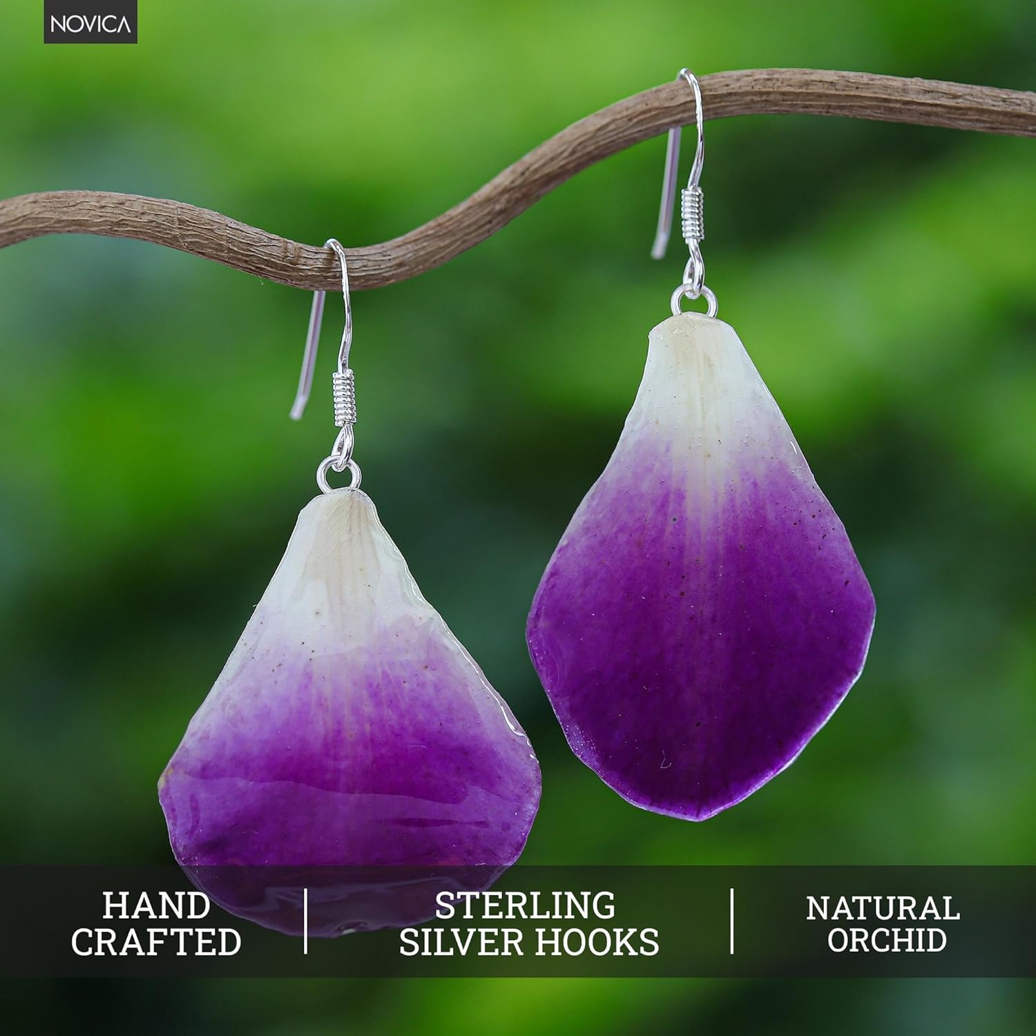 NOVICA Artisan Crafted .925 Sterling Silver Natural Orchid Petal Dangle Earrings | No Gemstone | Floral Flower Resin Leaf | Hypoallergenic Jewelry | French Wire Hook | Lead & Nickel Free | Thailand'