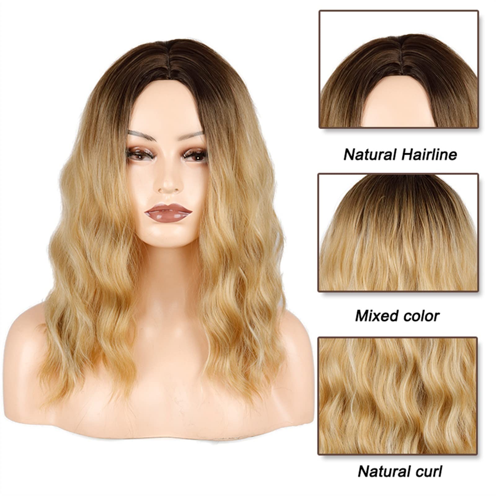 Peruka naturalna Krótka Kręcone Ombre Blond Bob Peruki do Włosów dla Kobiet Moda Syntetyczna Część Środkowa Peruka z Brązowymi Korzeniami Średni Długi Falista Żaroodporne Włókno Peruka
