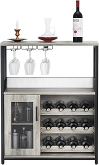IDEALHOUSE 3-Tier Wine Bar Cabinet with Detachable Wine Rack and Storage Space, Buffet Cabinet with Glass Holder and Mesh Door, for Kitchen, Living Room and Bar (Gray)