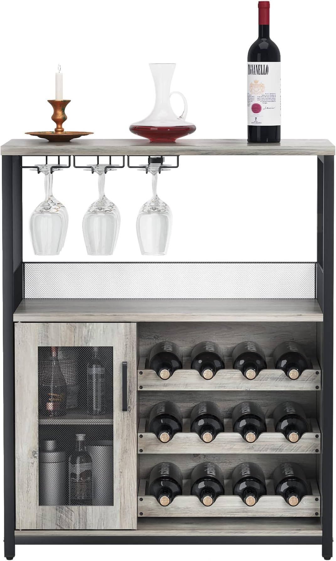 IDEALHOUSE 3-Tier Wine Bar Cabinet with Detachable Wine Rack and Storage Space, Buffet Cabinet with Glass Holder and Mesh Door, for Kitchen, Living Room and Bar (Gray)