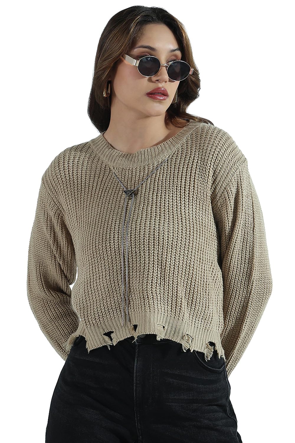 Edition Women's Beige Distressed Sweater Top with Neck Chain-CHN-682_Beige-P-image-46