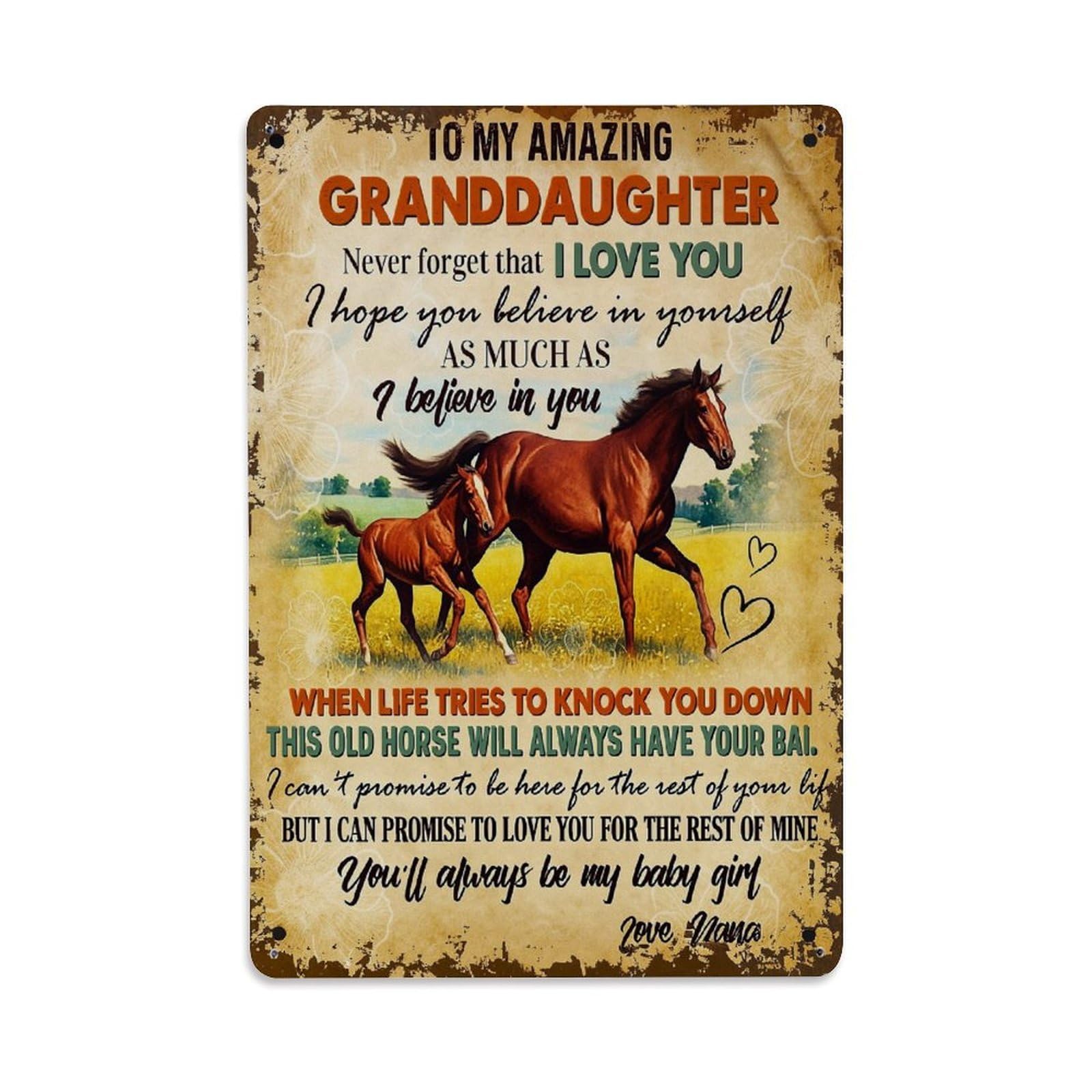 Horse And Foal In Field Retro Metal Tin Sign, Vintage Decor Art Poster for Bar, Home, Man Cave, Kitchen, Laundry Room Gift 8x12Inch