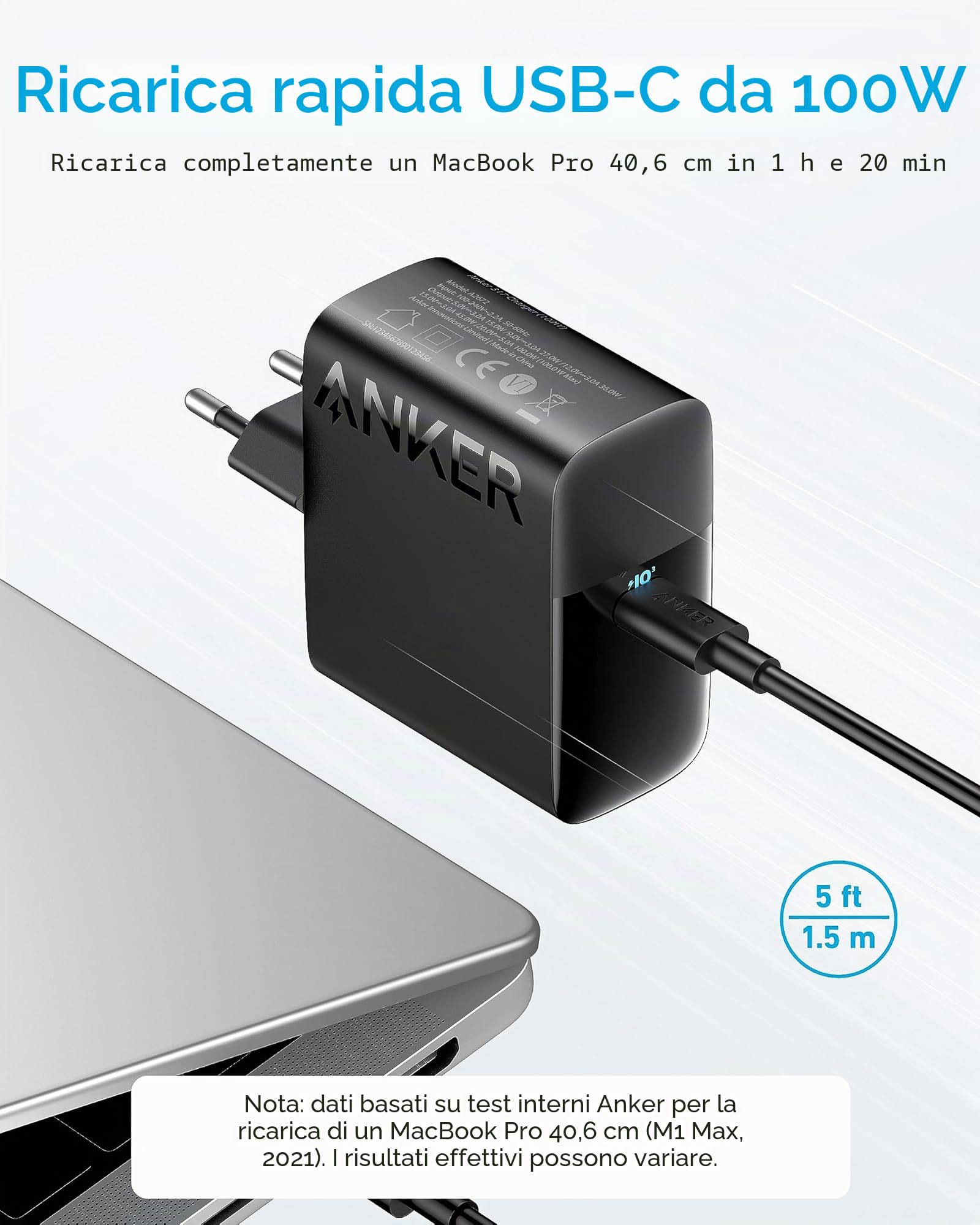 Anker Caricatore USB C 100W PIQ 3.0 per MacBook Pro iPad Pro iPhone Samsung Galaxy Cavo 1,5 m