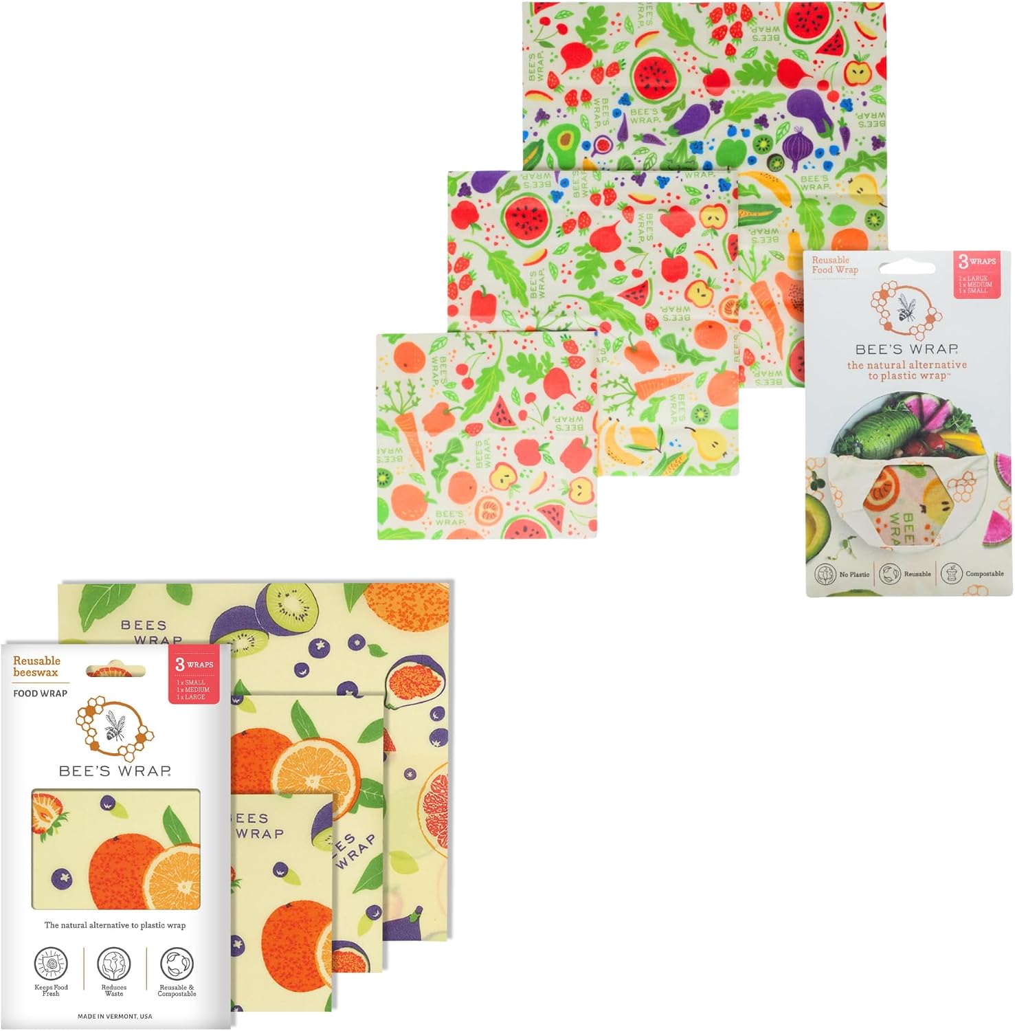 Bee's Wrap What's in My Fridge Collection - Beeswax Food Wraps Bundle Includes 3 Garden Party Prints & 3 Fresh Fruit Prints - Made in the USA Beeswax Reusable Wraps for Food