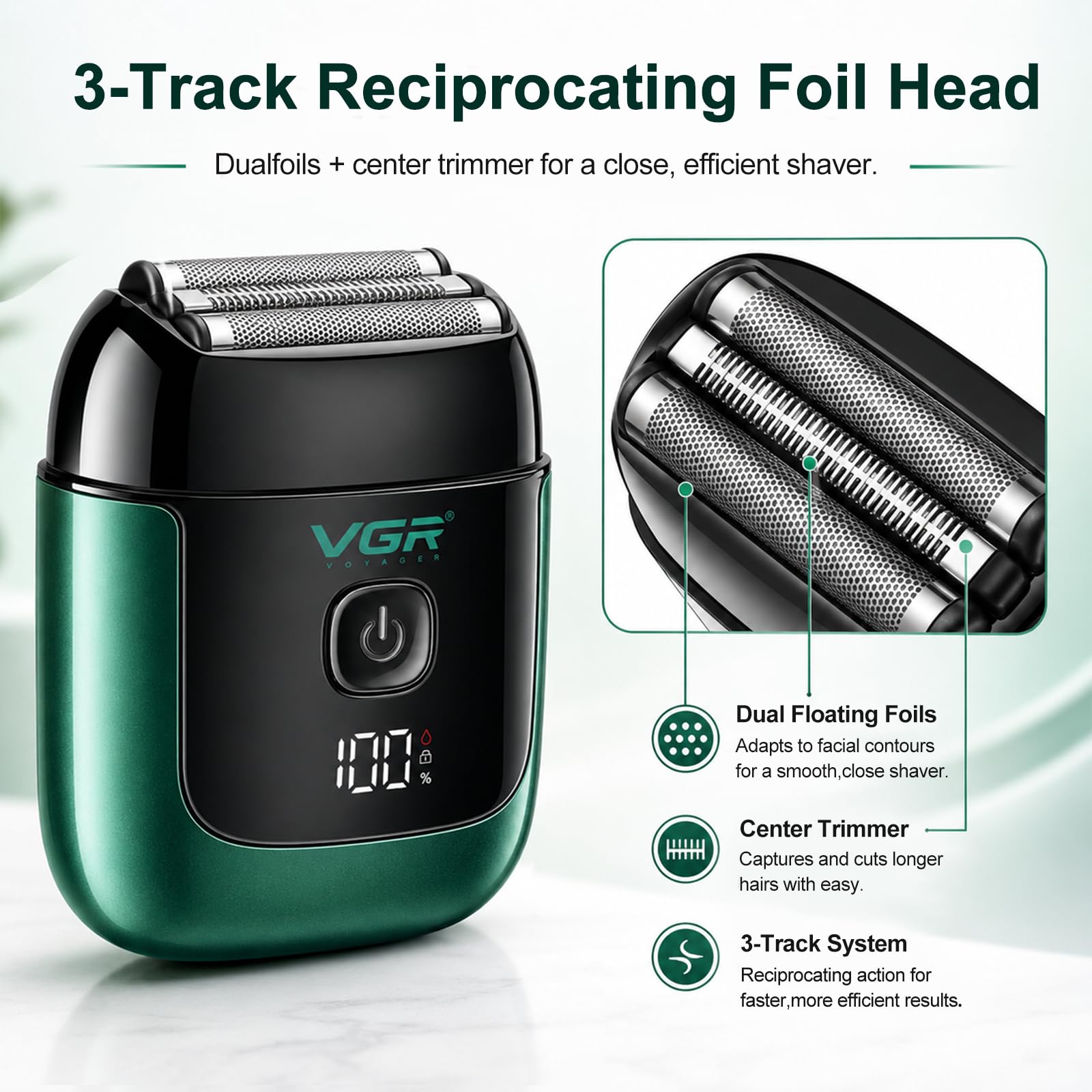 VGR 380 Rasoio elettrico portatile Mini con lamine flessibili, impermeabile IPX6, ricaricabile tramite USB, con display a LED e blocco di sicurezza per il viaggio,verde