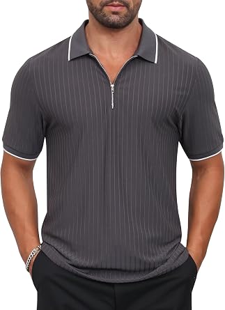 QPNGRP Mens Zipper Polo Shirts Short Sleeve Knit T Shirts Fashion Casual Striped Golf Shirts for Men