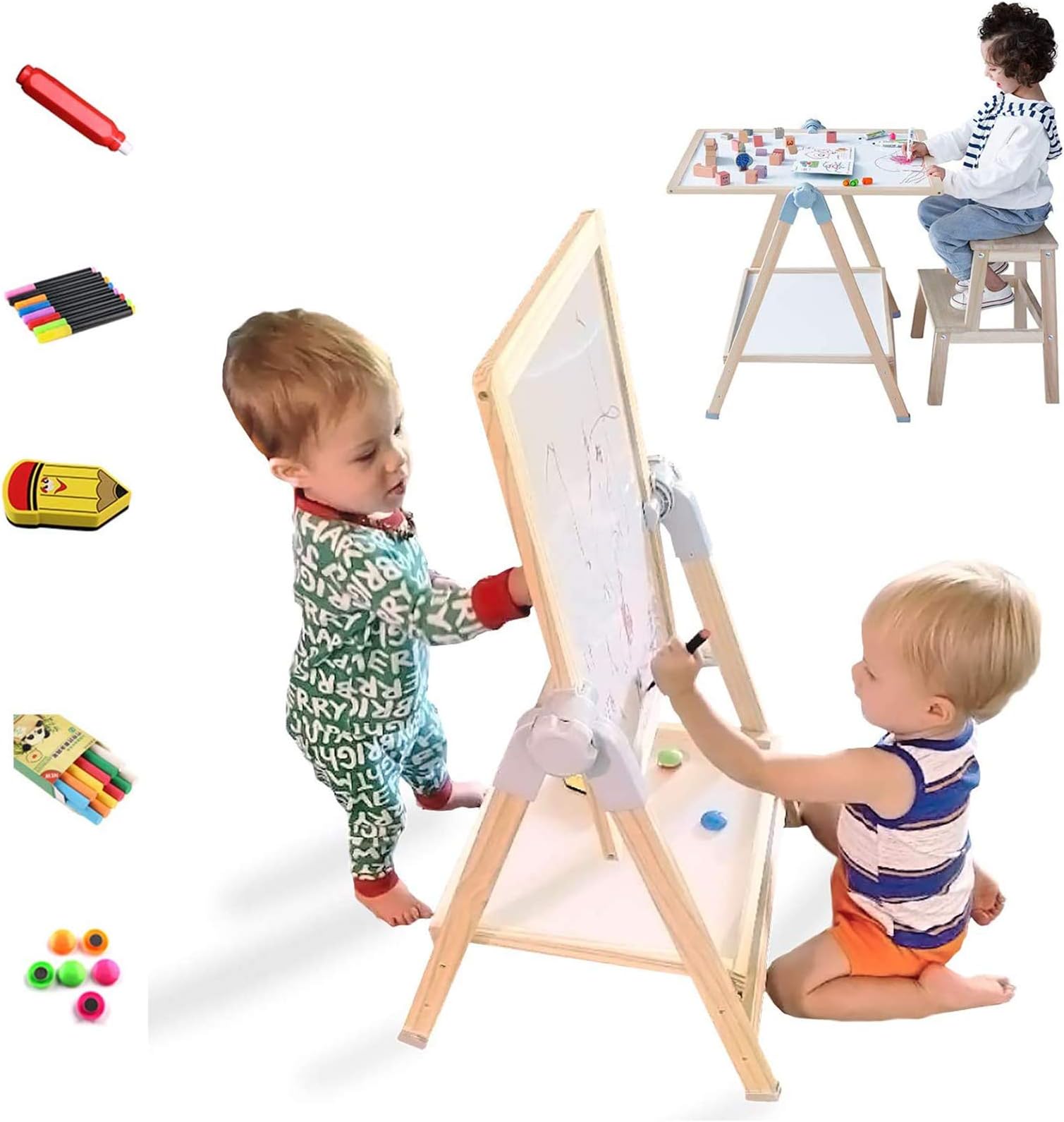 QZMTOY Kids Art Easel, Deluxe Standing Easel Set, Adjustable Art Table, Dry Erase Board&Chalkboard Double Sided Stand, 360°Rotating Drawing Easels with Art Supplies, Adjust Height 28-39in