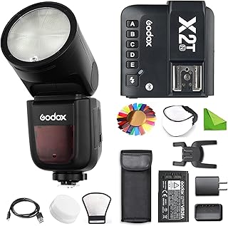 GODOX V1 Flash V1-N para Nikon Flash Speedlite com gatilho X2T-N, 76Ws 2.4G TTL Round Head, 1/8000 HSS, 480 Full Power Shots, 1.5s Tempo de Reciclagem, 2600mAh Bateria de Lítio