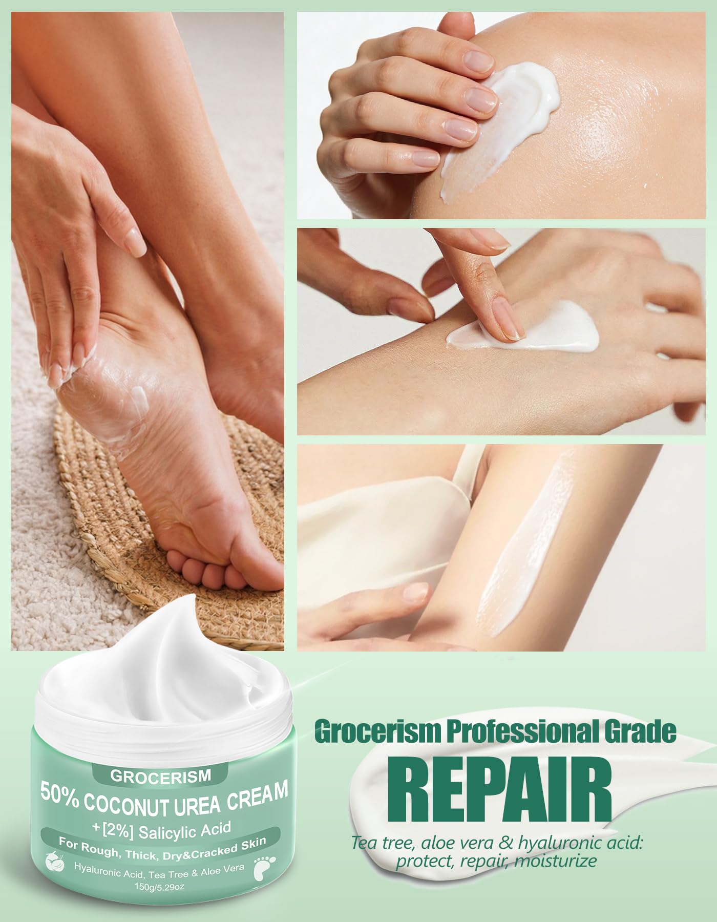 Crema Urea 50% per piedi Spessore massimo 150 grammi con cocco e 2% acido salicilico, crema piedi e mani con acido ialuronico, tea tree e aloe vera per umidificazione profonda, calli