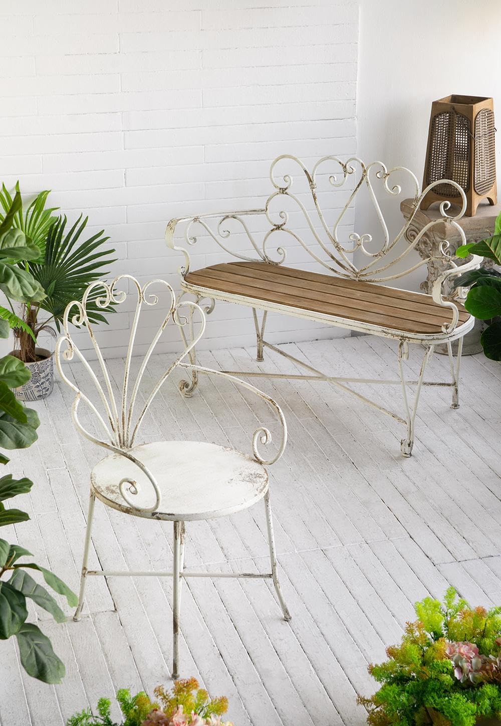 Vintage Iron Garden Chair 38-Inch Handcrafted White Distressed Metal Patio Chair - Shabby Chic Outdoor Indoor Accent Seating for Porch Living Room Décor - 24.5" x 22" x 38"