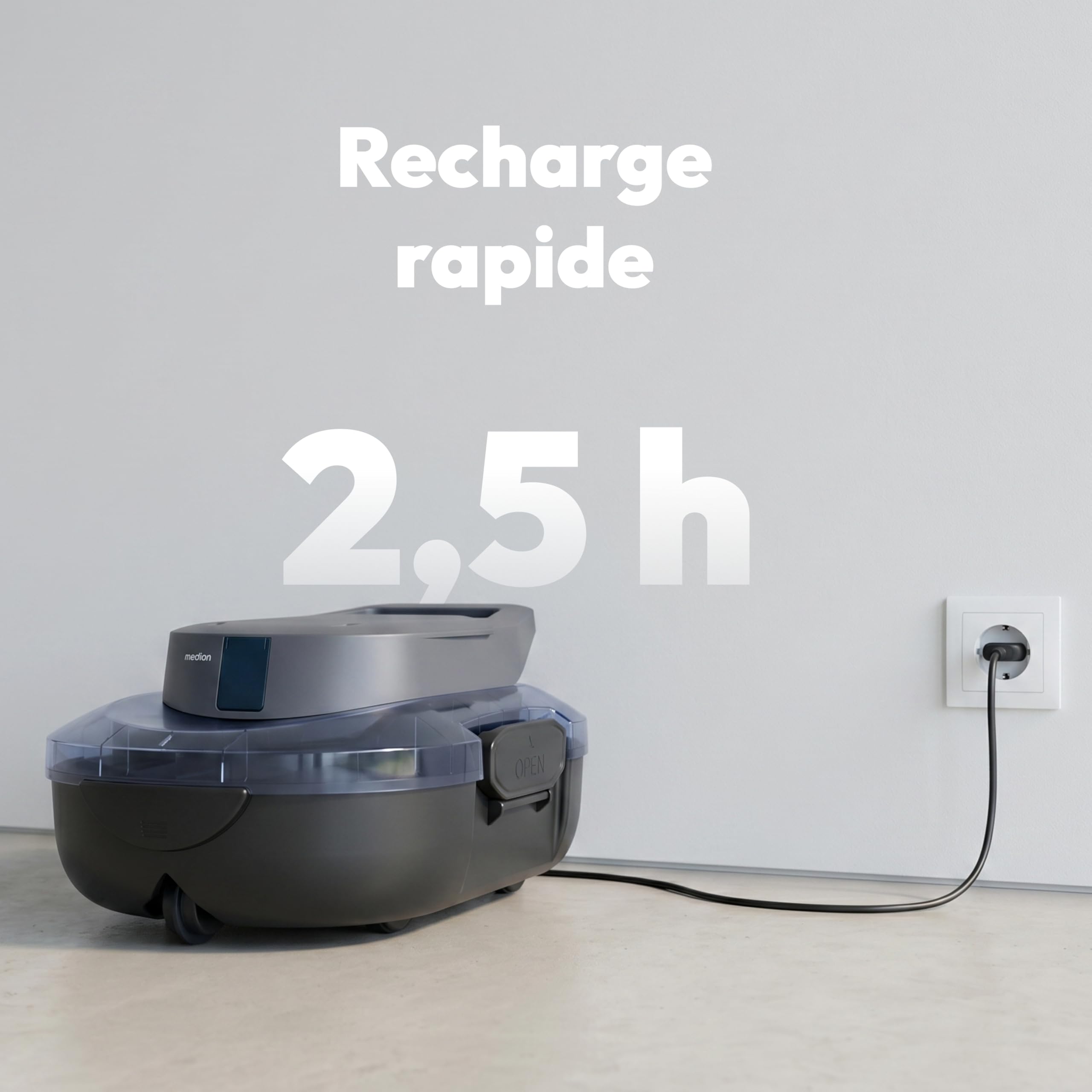 MEDION PR1 Robot de Piscine sans Fil, pour Piscine Hors-Sol, Nettoyage du Fond, Commande One-Click, Fonction autonettoyante, 120 Min autonomie, Filtre 2,2 L, pour 80–100 m², INCL. Chargeur et Crochet
