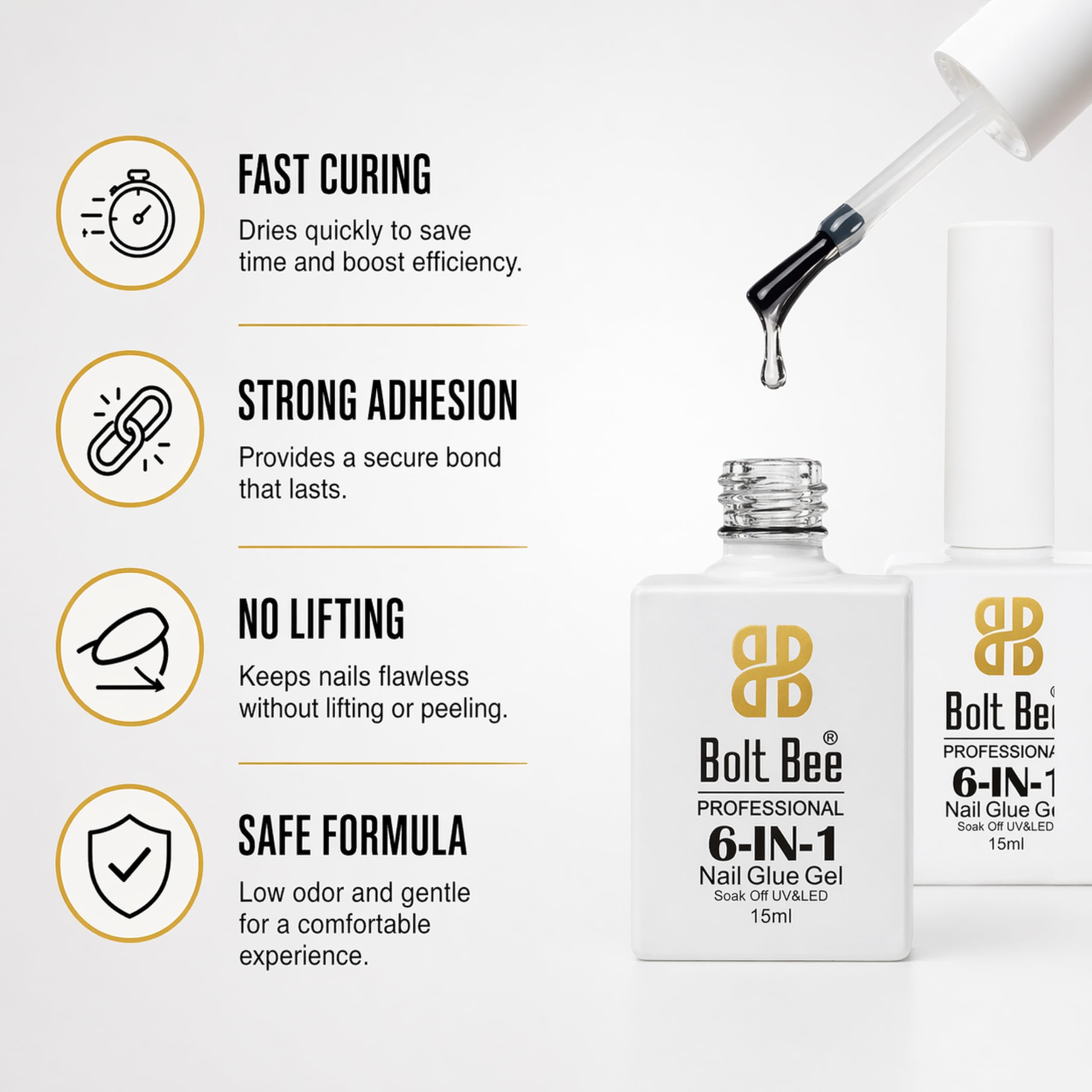 Bolt Bee 6 in 1 Gel Nail Glue for Acrylic & Press On Nails | Strong Adhesive Nail Extension Gel for Clear False nail Tips | UV Light Required Thick Formula | Long Lasting Clear gel-15ml 1
