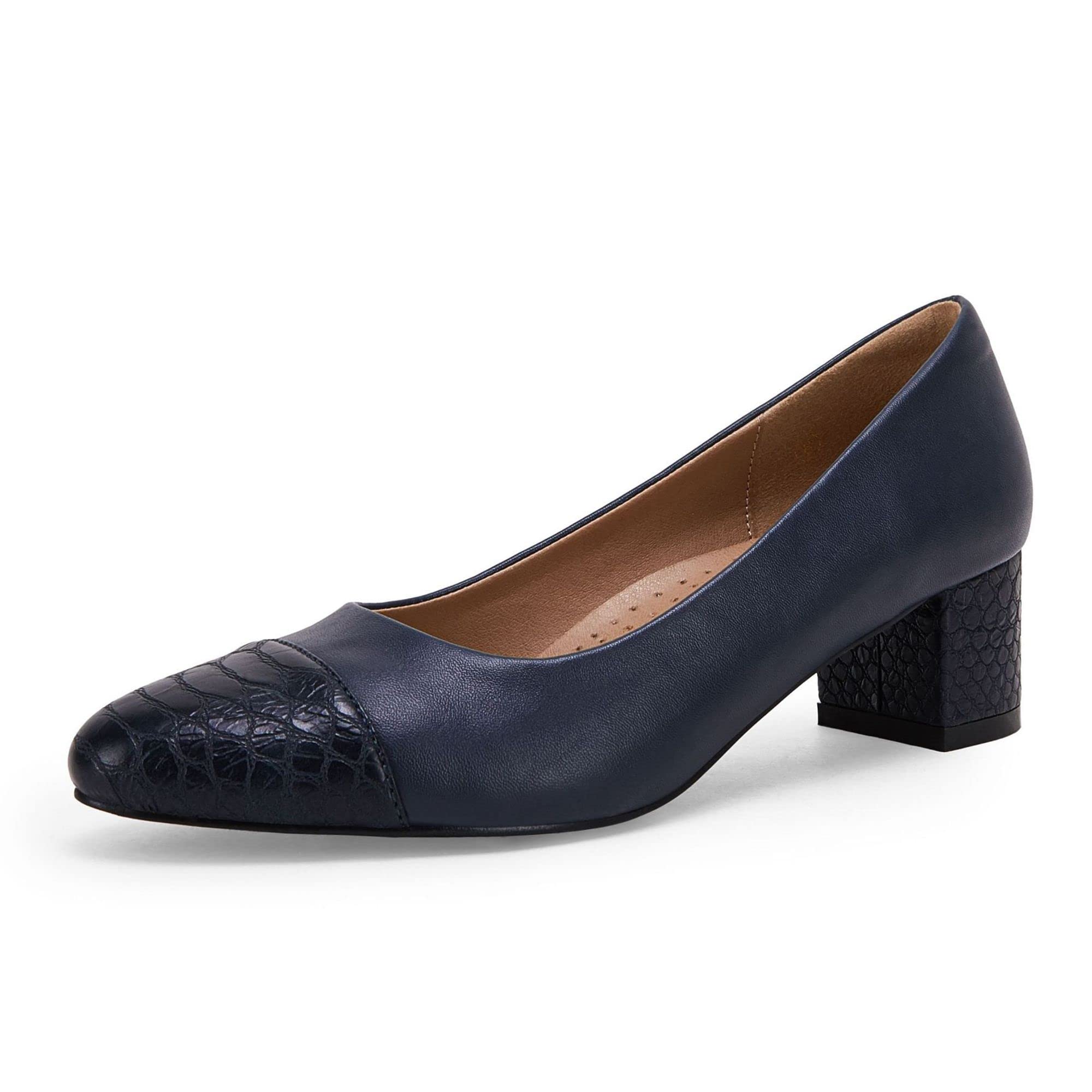 RilistaWomen's Chunky Block Heels Pumps Closed Toe Snakeskin Slip on Comfortable Low Heel Business Party Dress Shoes