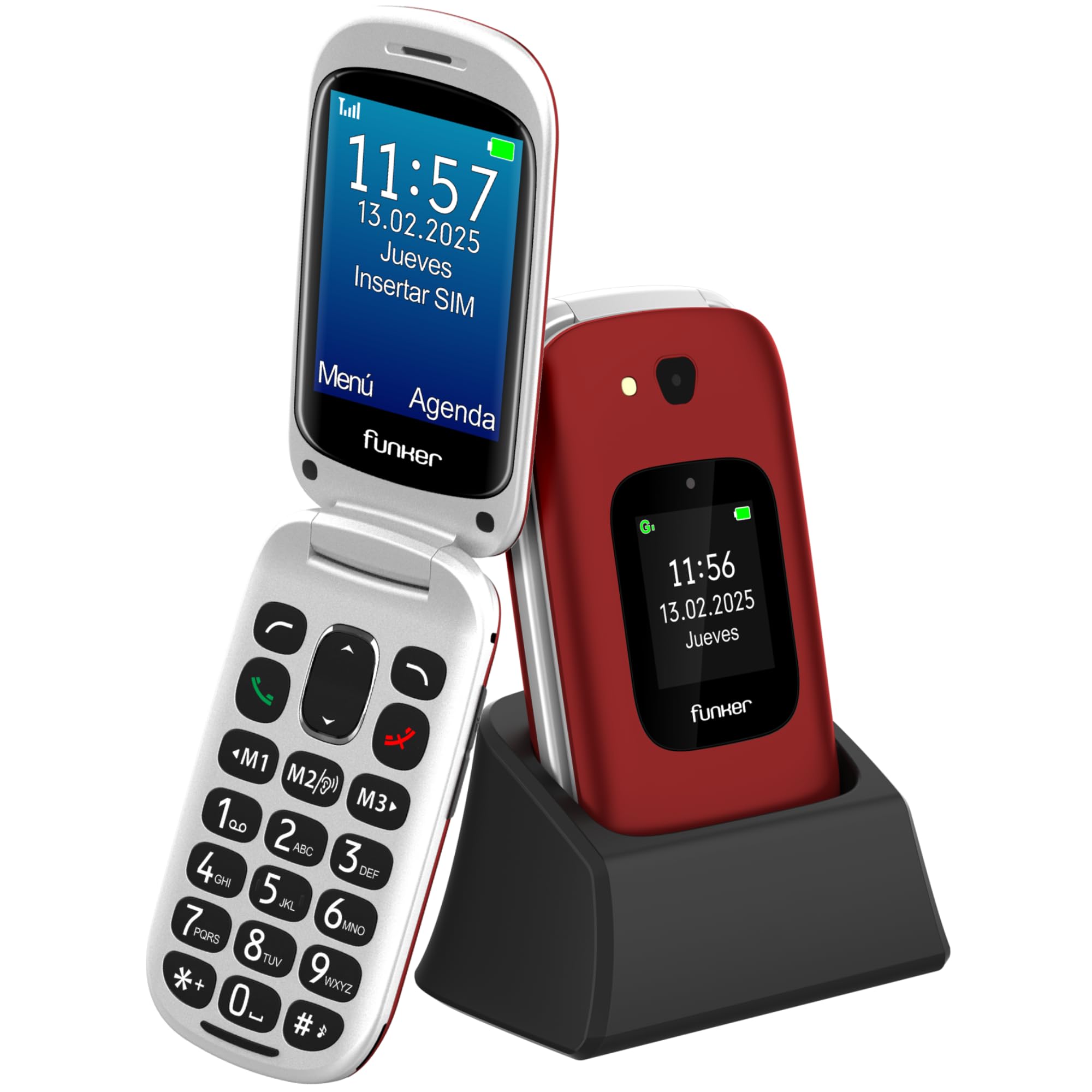 Funker E350 MAX Audio 3 Plus 4G, Teléfono Móvil con Tapa para Mayores, Pantalla Grande 2,8” y Pantalla Externa, Teclas Grandes, Audio Pro Compatible con Audífonos, Base de Carga, Botón SOS, Rojo